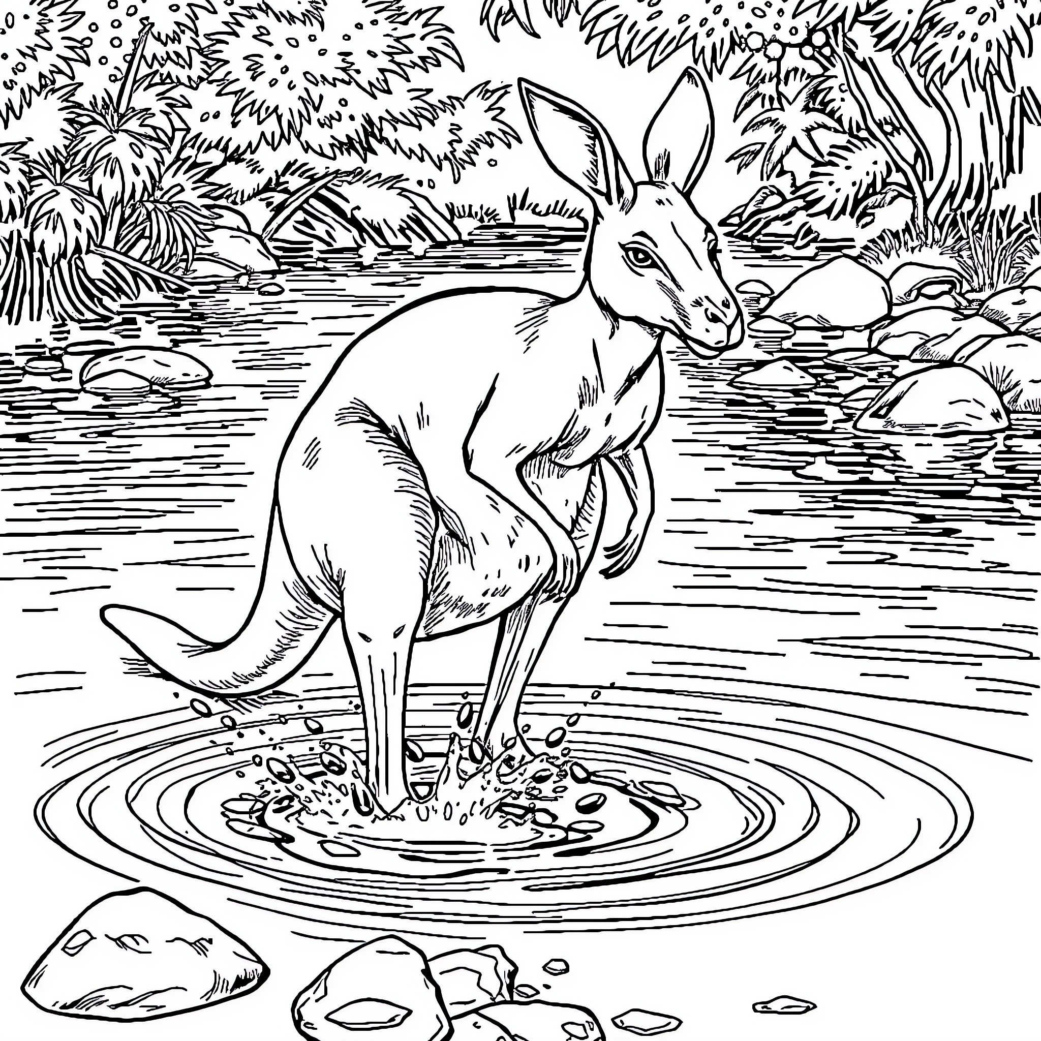 Kangaroo standing in a pond surrounded by nature Coloring Page (free black-and-white line drawing printable PDF for all, from beginners to advanced learners, including children, teens, adults, and seniors)