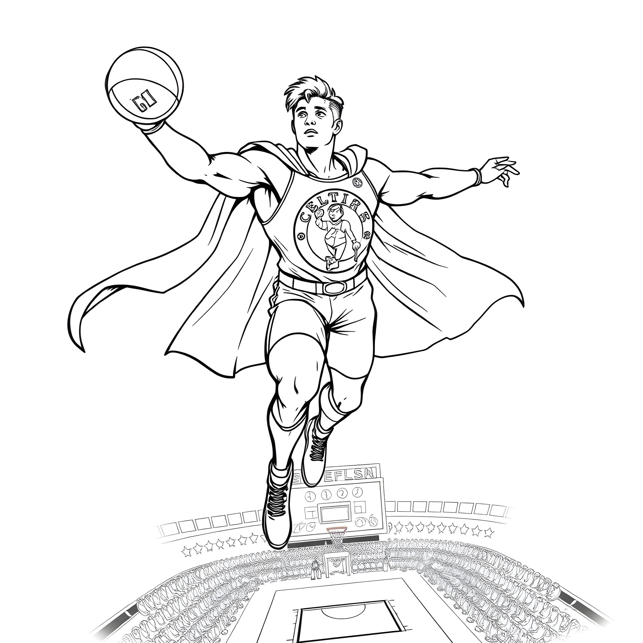 Neemias Queta leaping heroically on basketball court Coloring Page (free black-and-white line drawing printable PDF for all, from beginners to advanced learners, including children, teens, adults, and seniors)