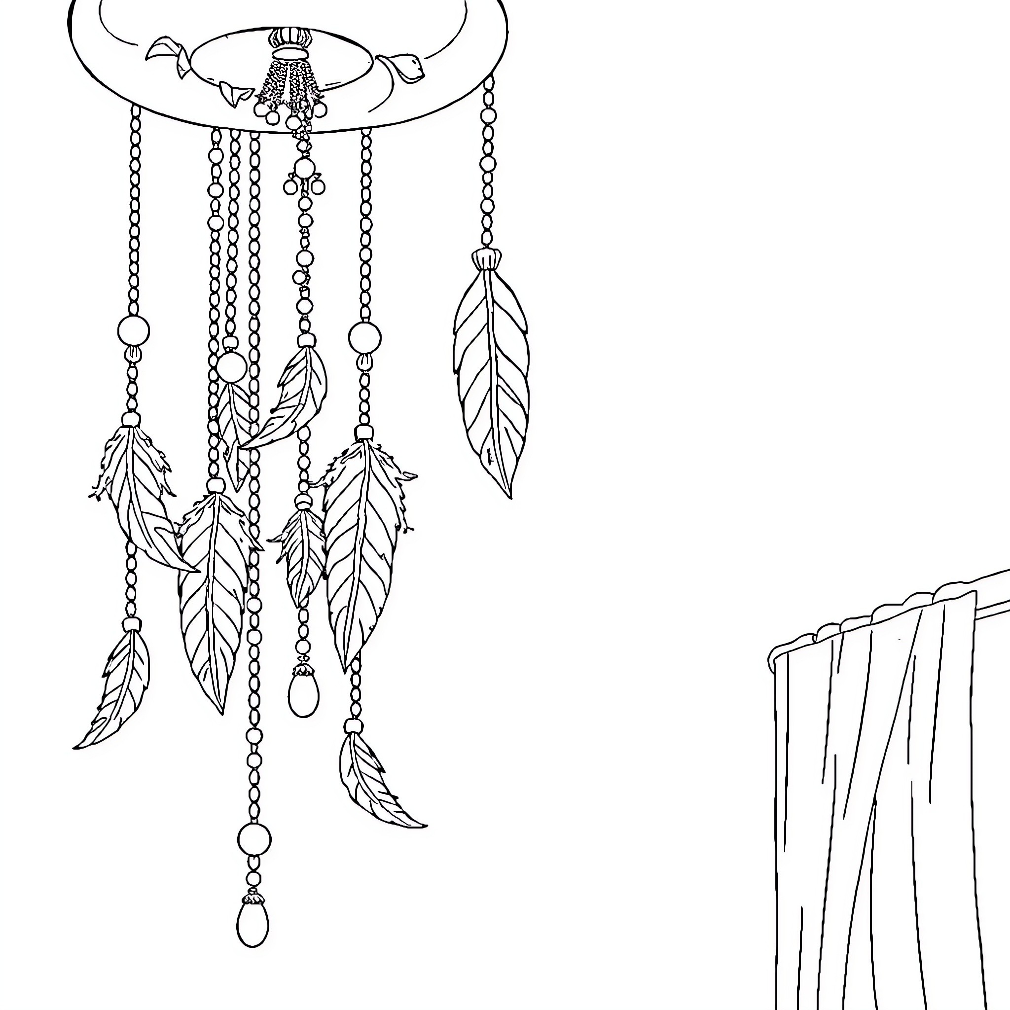 Dreamcatcher with Intricate Feathered Details Coloring Page (free black-and-white line drawing printable PDF for all, from beginners to advanced learners, including children, teens, adults, and seniors)