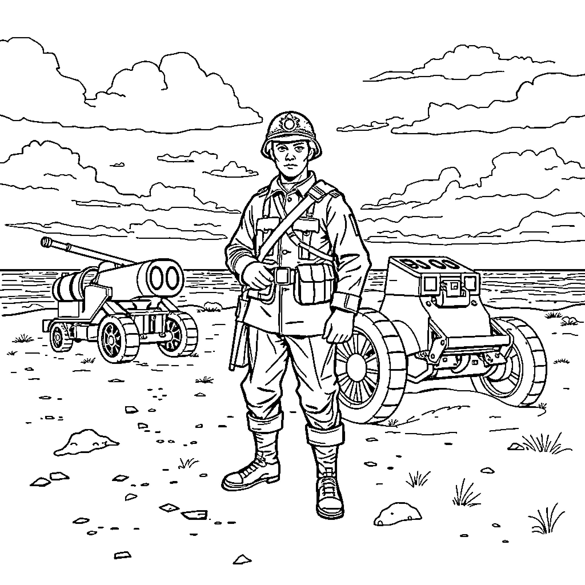 Soldier standing firm with military equipment on the battlefield Coloring Page (free black-and-white line drawing printable PDF for all, from beginners to advanced learners, including children, teens, adults, and seniors)