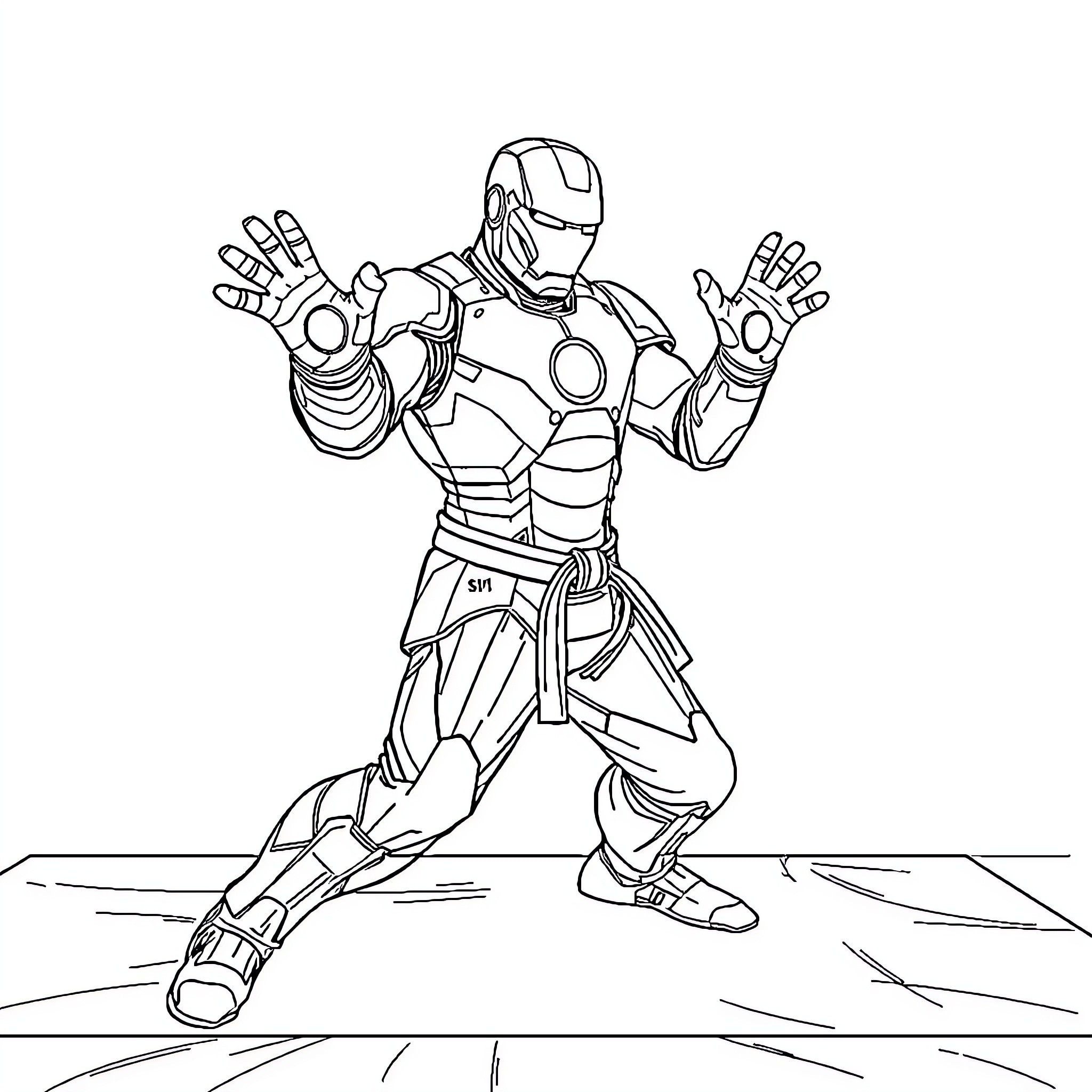 Iron Man in action pose Coloring Page (free black-and-white line drawing printable PDF for all, from beginners to advanced learners, including children, teens, adults, and seniors)