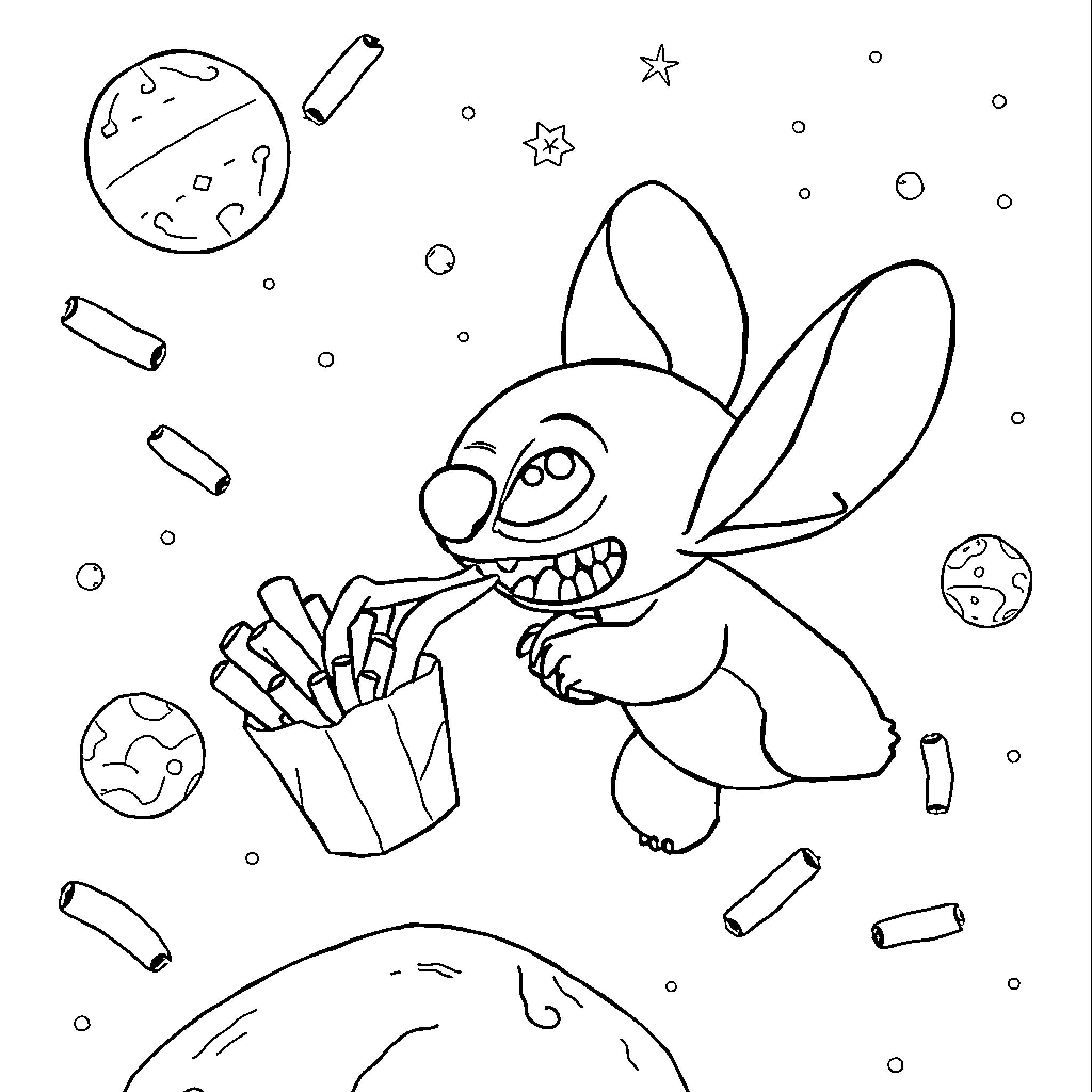 Stitch exploring the cosmos with snacks Coloring Page (free black-and-white line drawing printable PDF for all, from beginners to advanced learners, including children, teens, adults, and seniors)