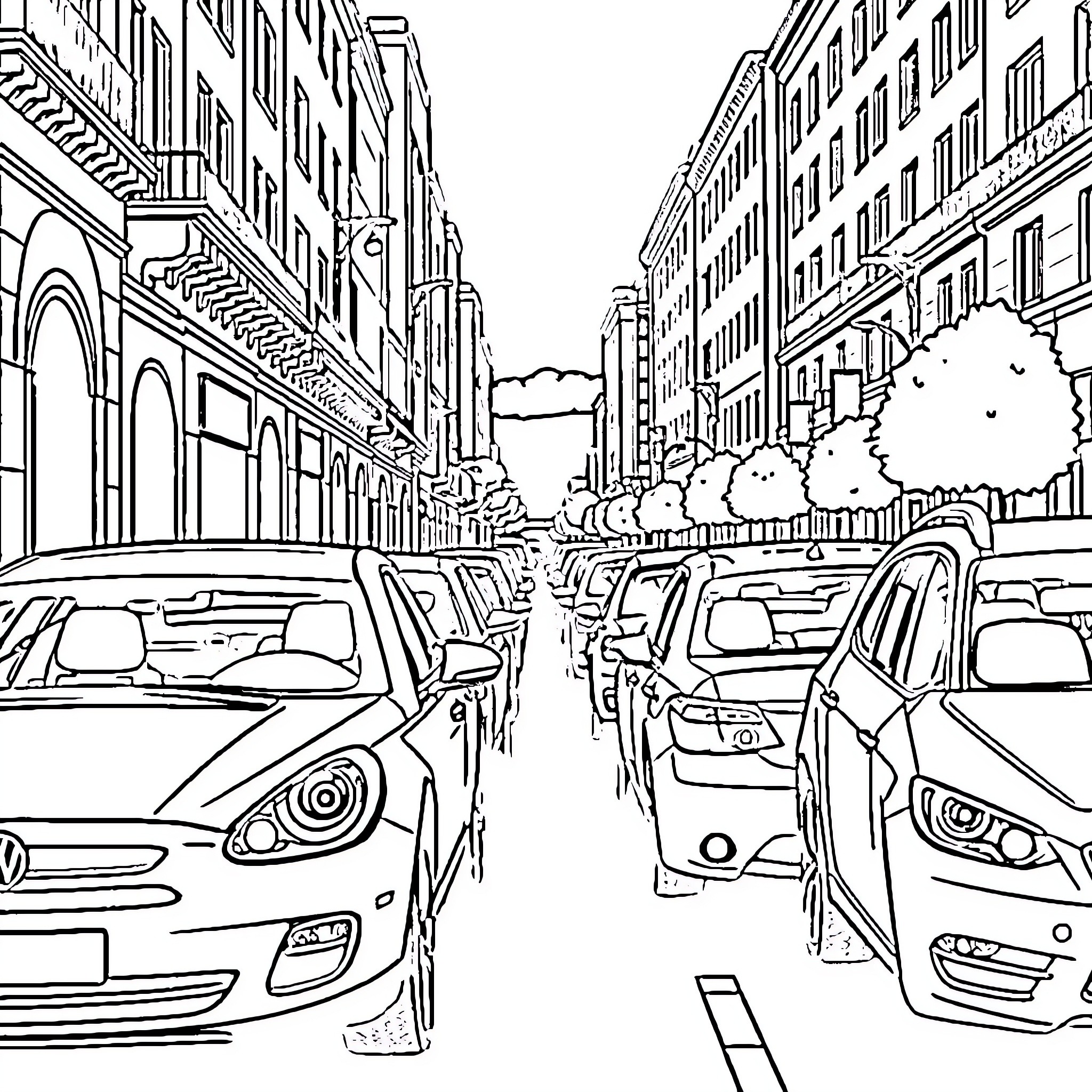 Cars parked on a crowded city street Coloring Page (free black-and-white line drawing printable PDF for all, from beginners to advanced learners, including children, teens, adults, and seniors)