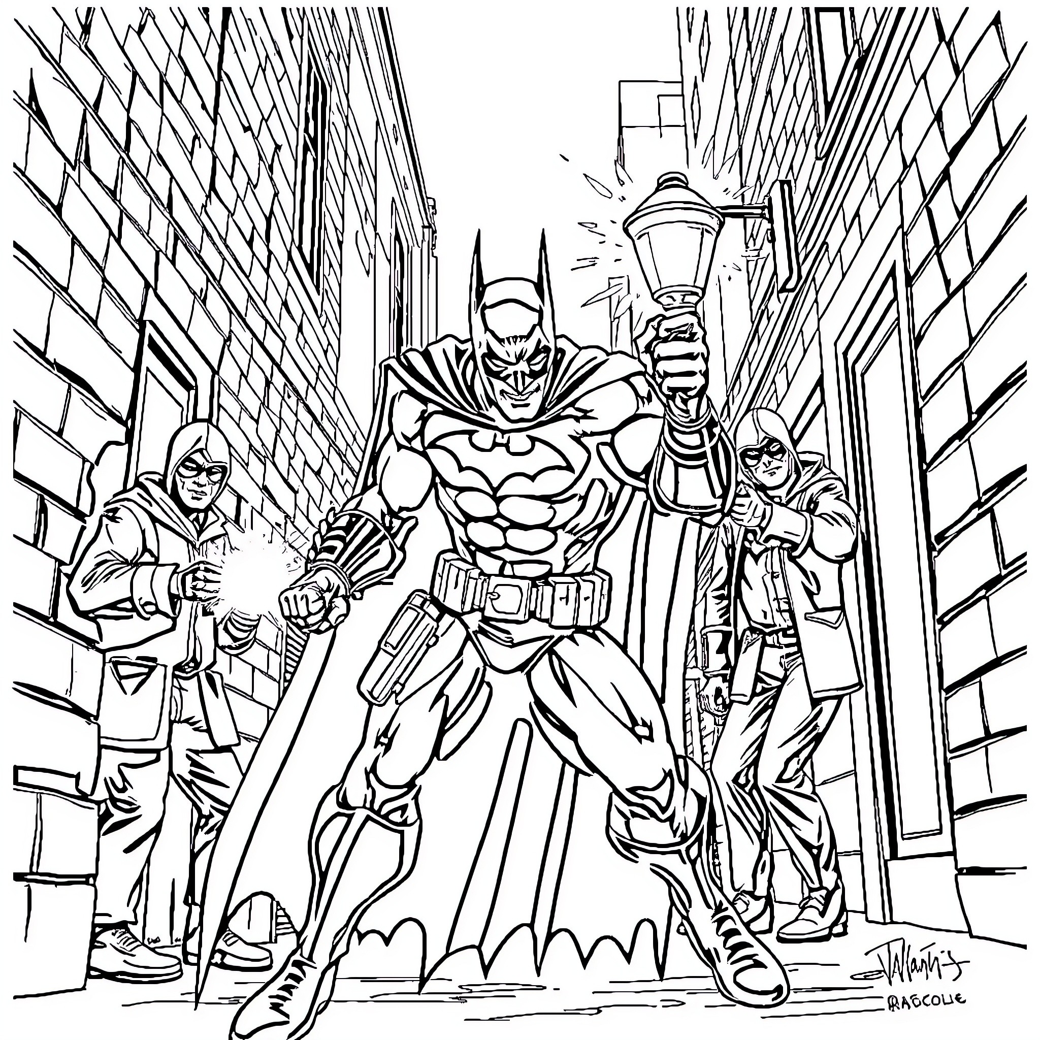 Batman Battles Villains in Gotham City Coloring Page (free black-and-white line drawing printable PDF for all, from beginners to advanced learners, including children, teens, adults, and seniors)