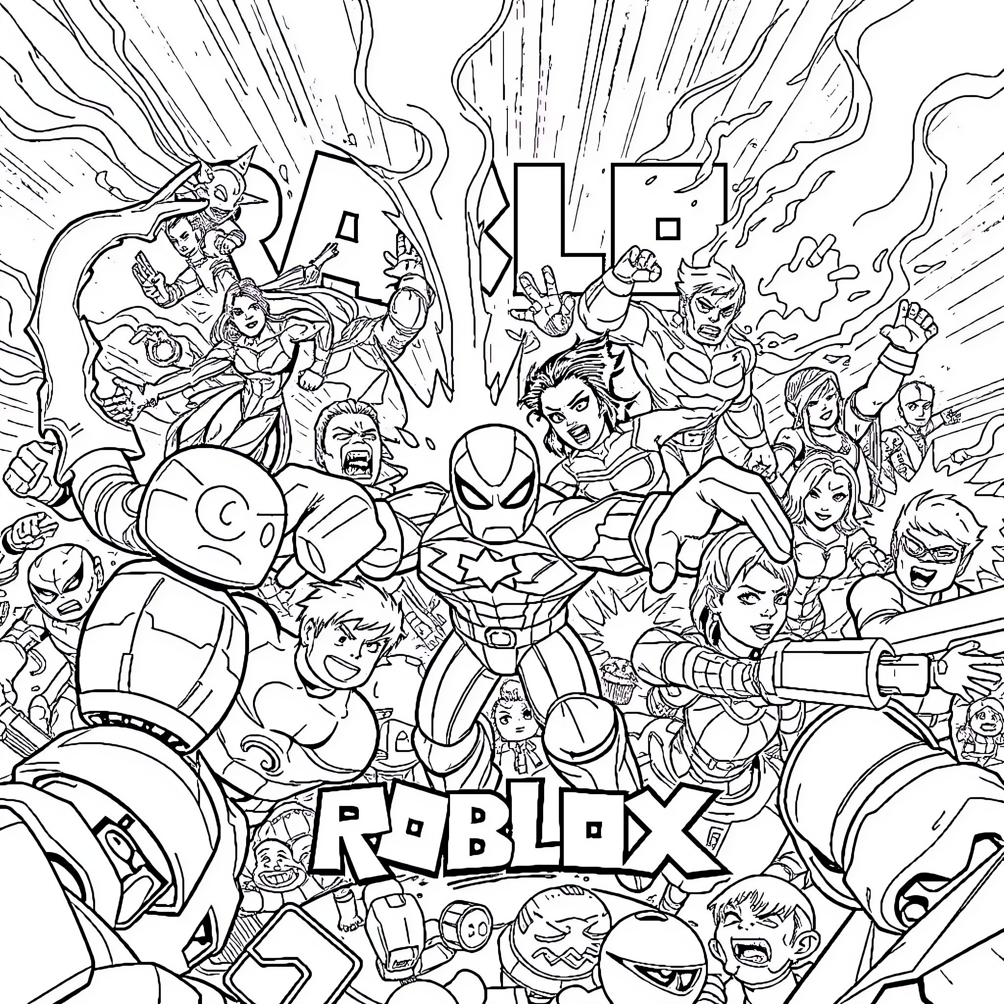 Marvel Characters in Epic Roblox Adventure Coloring Page (free black-and-white line drawing printable PDF for all, from beginners to advanced learners, including children, teens, adults, and seniors)