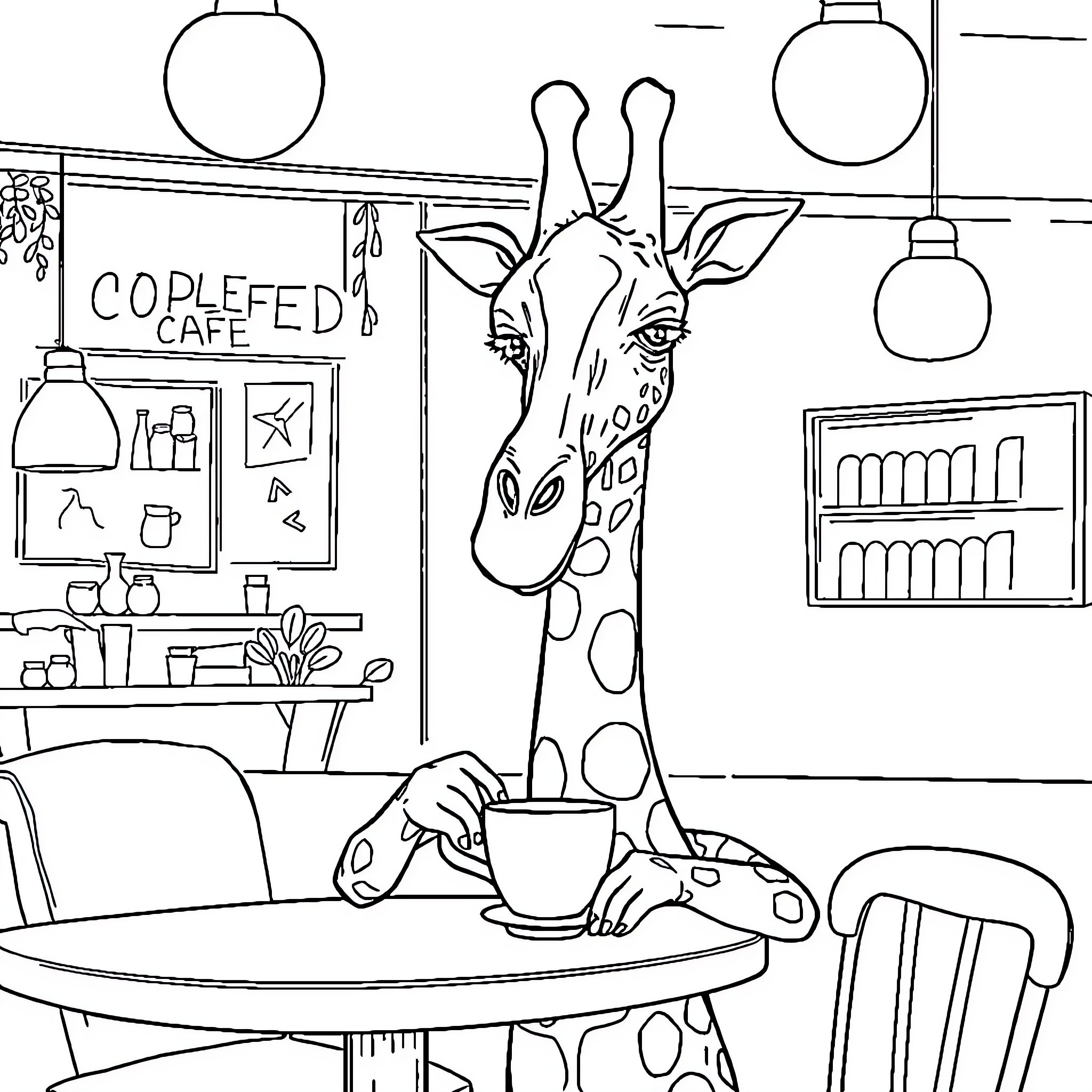 Giraffe enjoying coffee at a cafe Coloring Page (free black-and-white line drawing printable PDF for all, from beginners to advanced learners, including children, teens, adults, and seniors)
