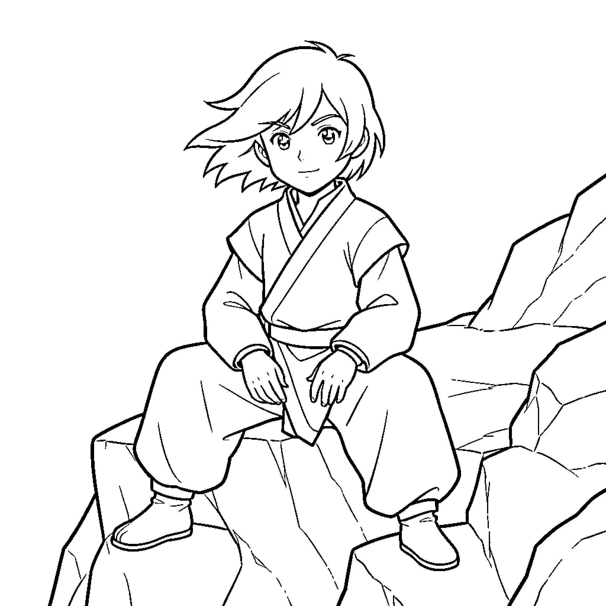 Aang sitting peacefully atop a rocky cliff Coloring Page (free black-and-white line drawing printable PDF for all, from beginners to advanced learners, including children, teens, adults, and seniors)