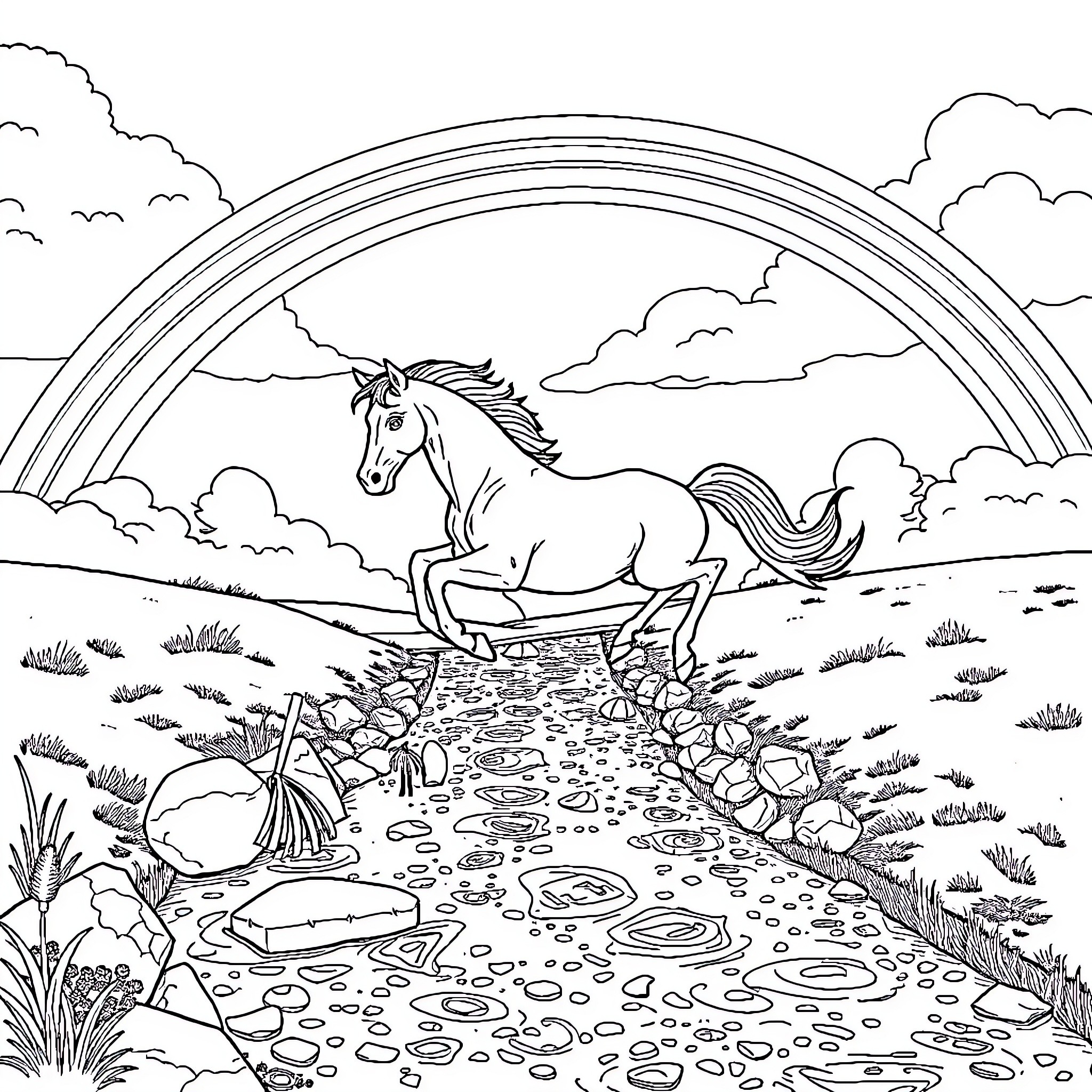 Horse galloping through a magical landscape Coloring Page (free black-and-white line drawing printable PDF for all, from beginners to advanced learners, including children, teens, adults, and seniors)