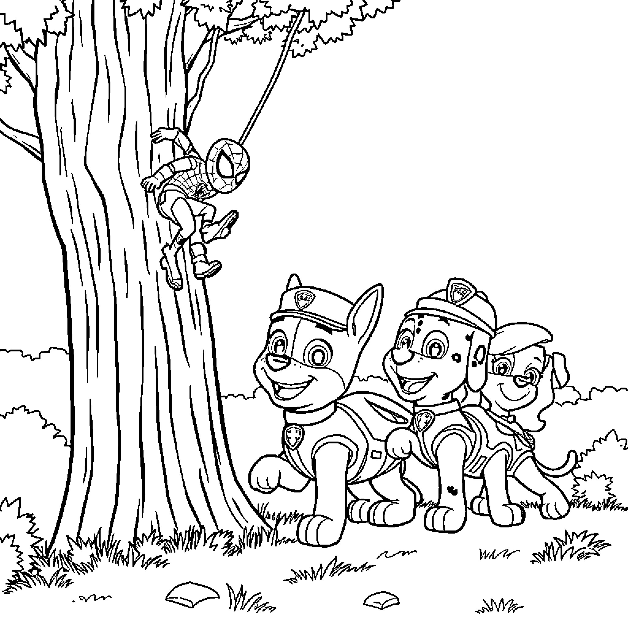 Paw Patrol characters in outdoor adventure Coloring Page (free black-and-white line drawing printable PDF for all, from beginners to advanced learners, including children, teens, adults, and seniors)