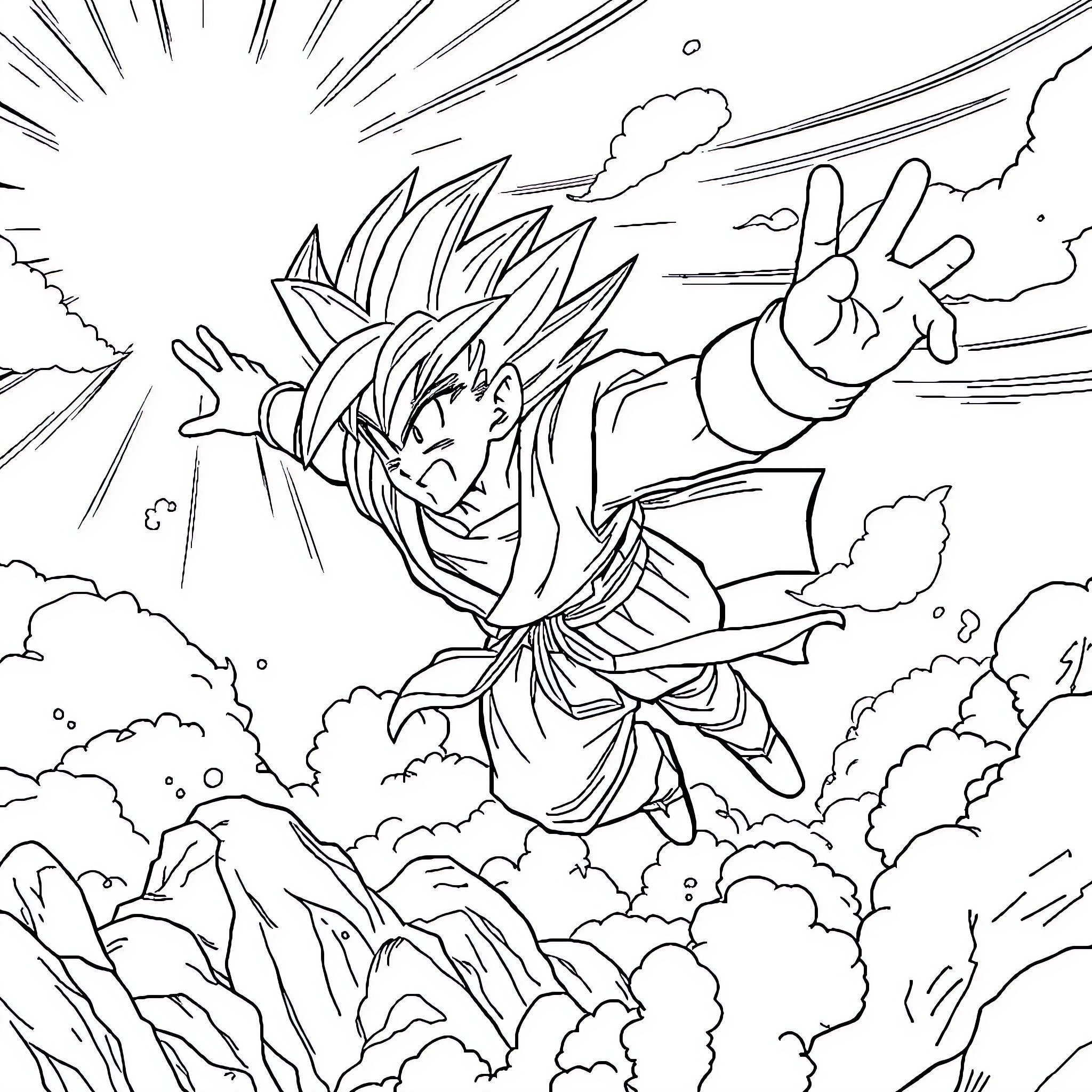 Dragon Ball Warrior Unleashing Powerful Attack Coloring Page (free black-and-white line drawing printable PDF for all, from beginners to advanced learners, including children, teens, adults, and seniors)