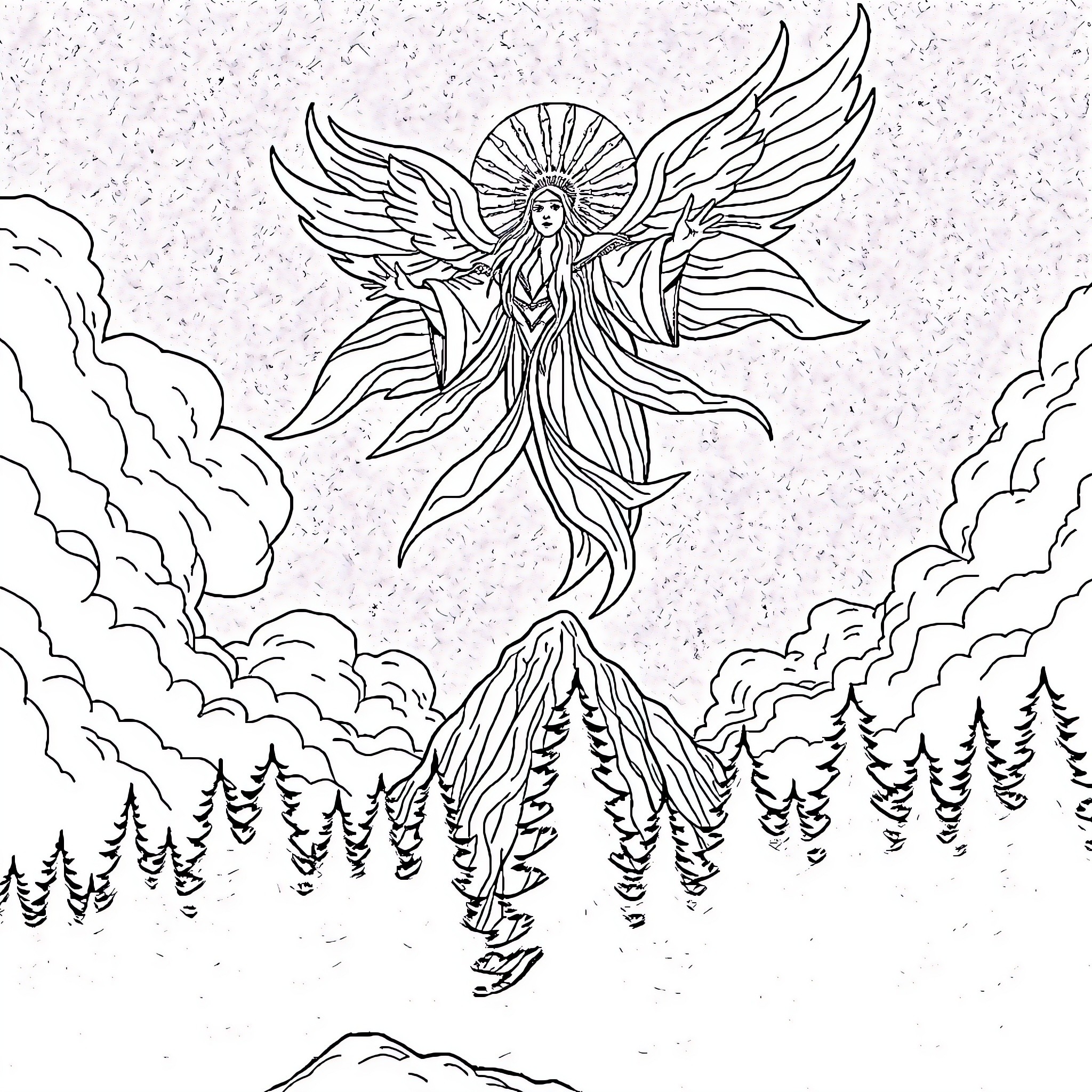Spirit of the Winged Divine Ascent Coloring Page (free black-and-white line drawing printable PDF for all, from beginners to advanced learners, including children, teens, adults, and seniors)