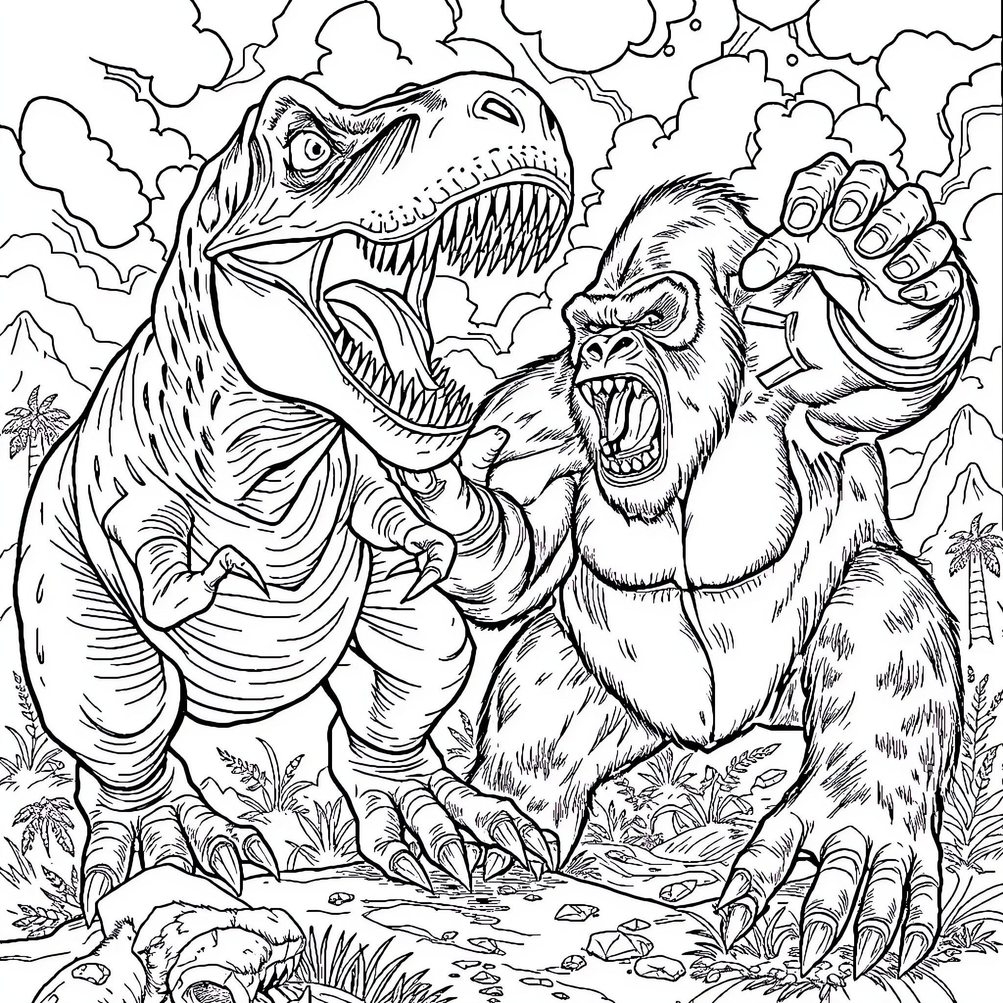 Tyrannosaurus Rex Confronting Fearsome Gorilla in Wilderness Coloring Page (free black-and-white line drawing printable PDF for all, from beginners to advanced learners, including children, teens, adults, and seniors)