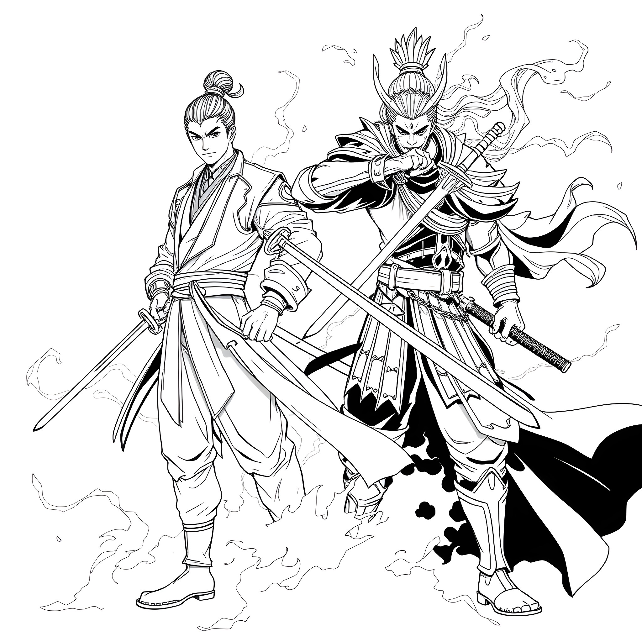 Sung Jin Woo: Two Powerful Warriors Facing Off Coloring Page (free black-and-white line drawing printable PDF for all, from beginners to advanced learners, including children, teens, adults, and seniors)