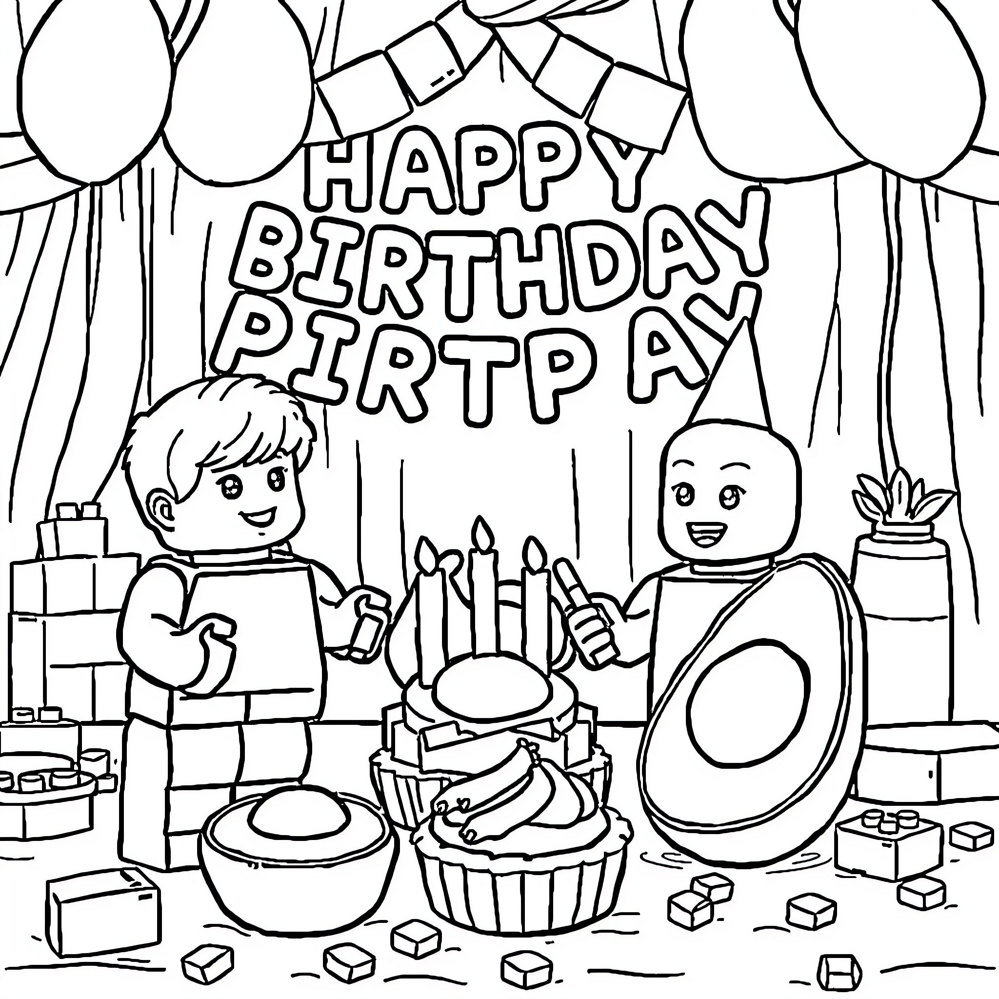 Birthday celebration with friends and cake Coloring Page (free black-and-white line drawing printable PDF for all, from beginners to advanced learners, including children, teens, adults, and seniors)