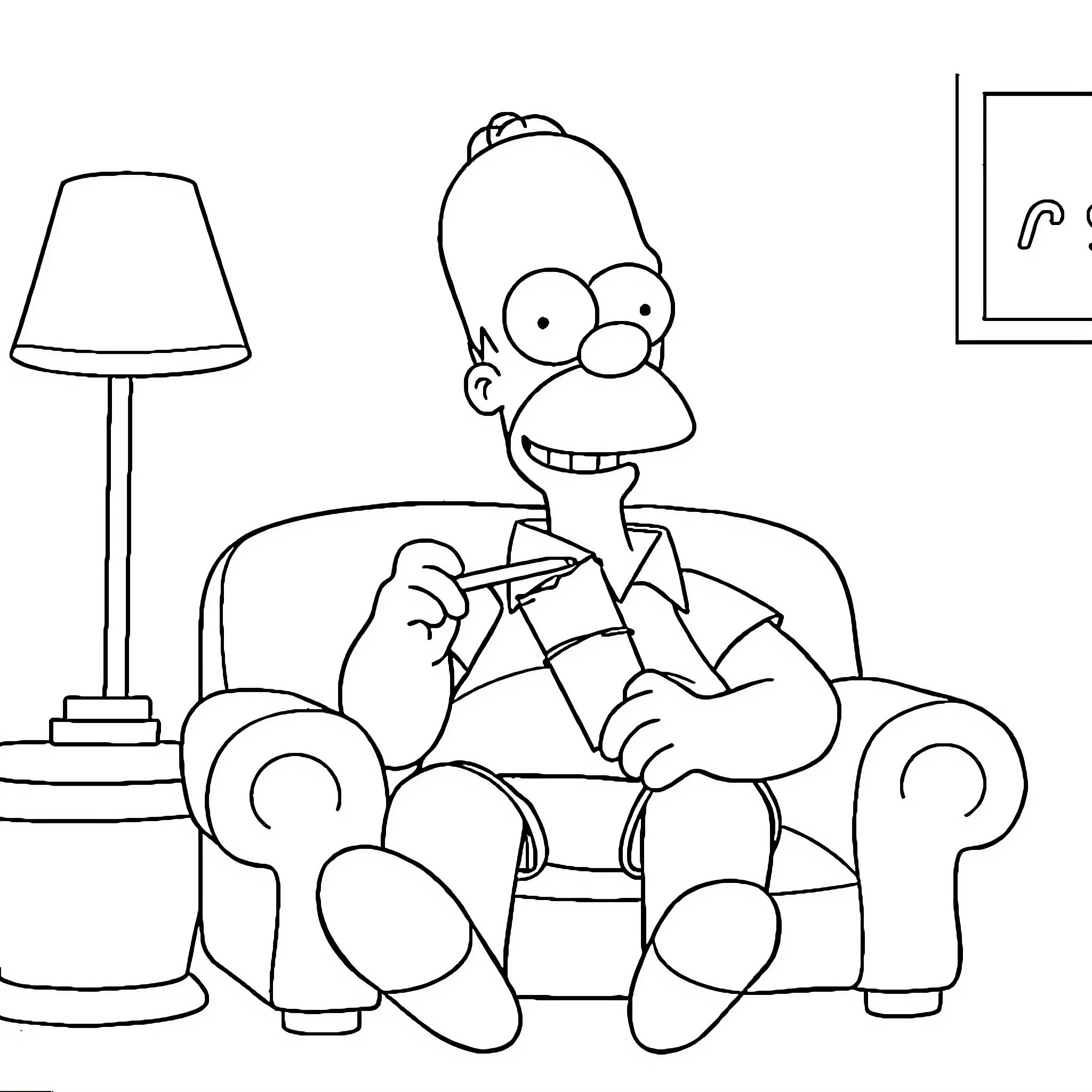 Homer Simpson relaxing in his armchair Coloring Page (free black-and-white line drawing printable PDF for all, from beginners to advanced learners, including children, teens, adults, and seniors)