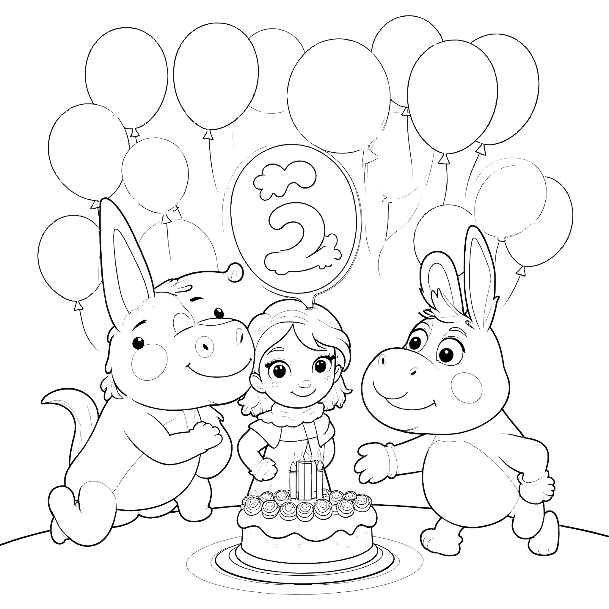 Shrek and friends celebrating a birthday party Coloring Page (free black-and-white line drawing printable PDF for all, from beginners to advanced learners, including children, teens, adults, and seniors)