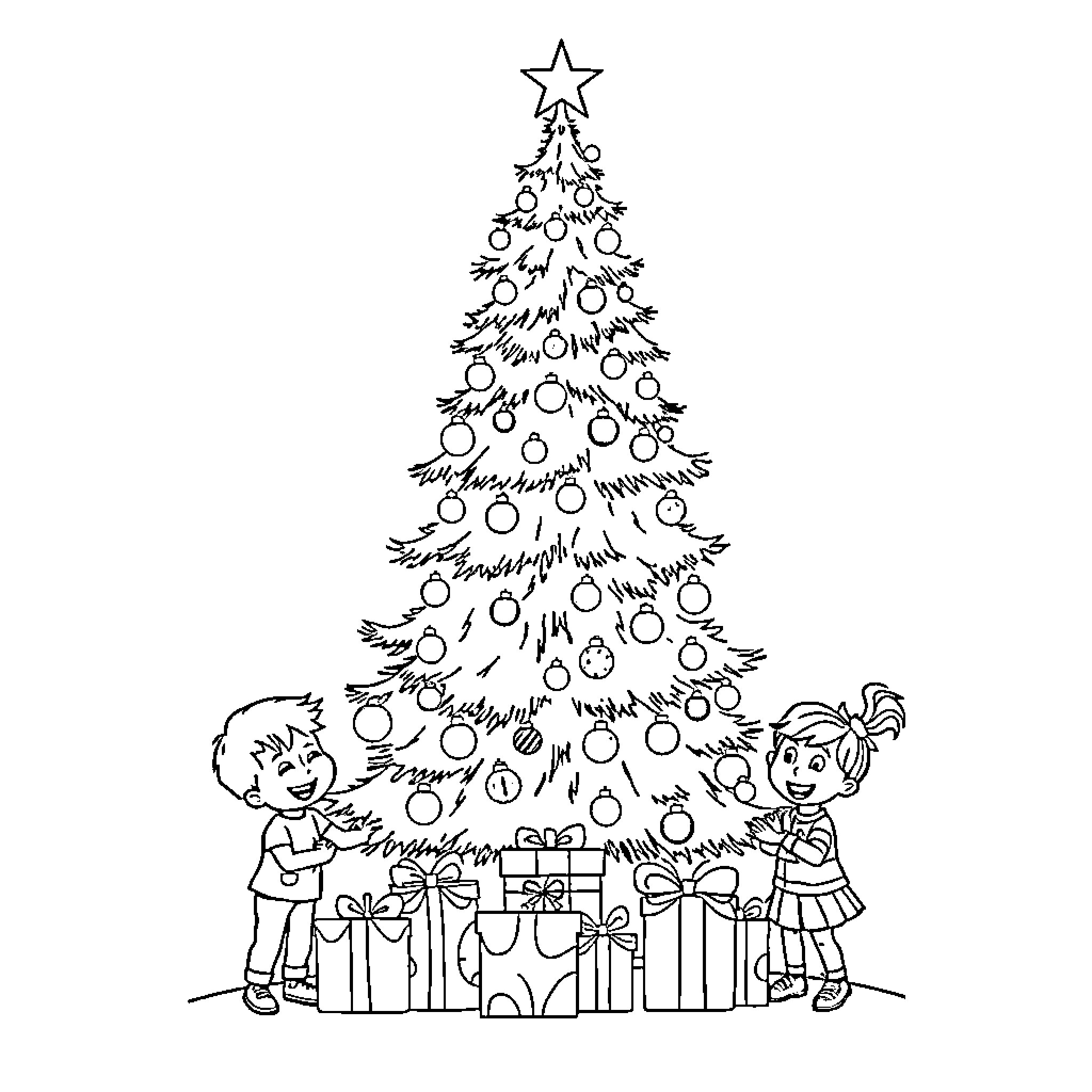 Christmas Tree with Children Decorating and Presents Coloring Page (free black-and-white line drawing printable PDF for all, from beginners to advanced learners, including children, teens, adults, and seniors)
