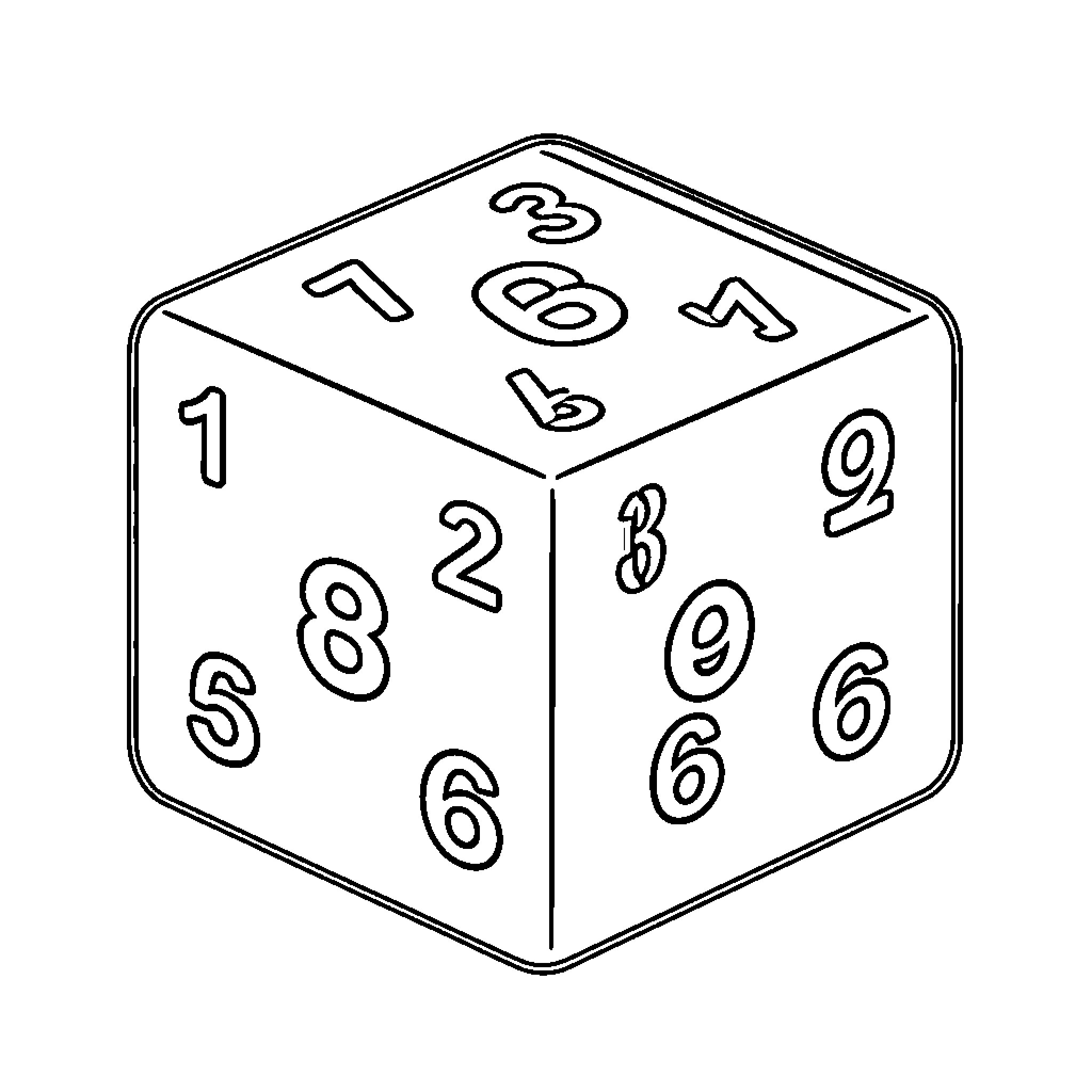 Dice with numbered faces Coloring Page (free black-and-white line drawing printable PDF for all, from beginners to advanced learners, including children, teens, adults, and seniors)
