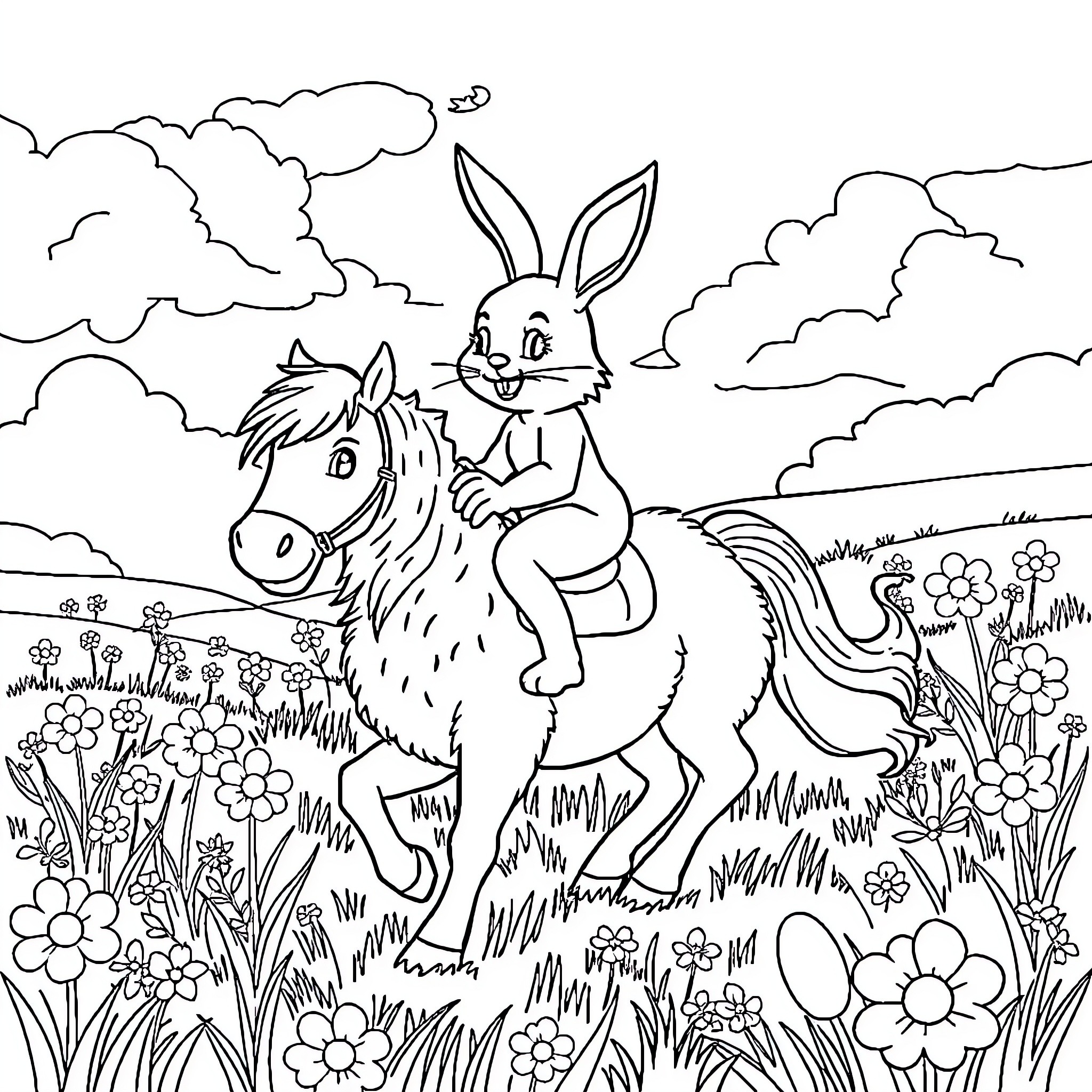 Easter Bunny riding a cheerful horse through a field of flowers Coloring Page (free black-and-white line drawing printable PDF for all, from beginners to advanced learners, including children, teens, adults, and seniors)