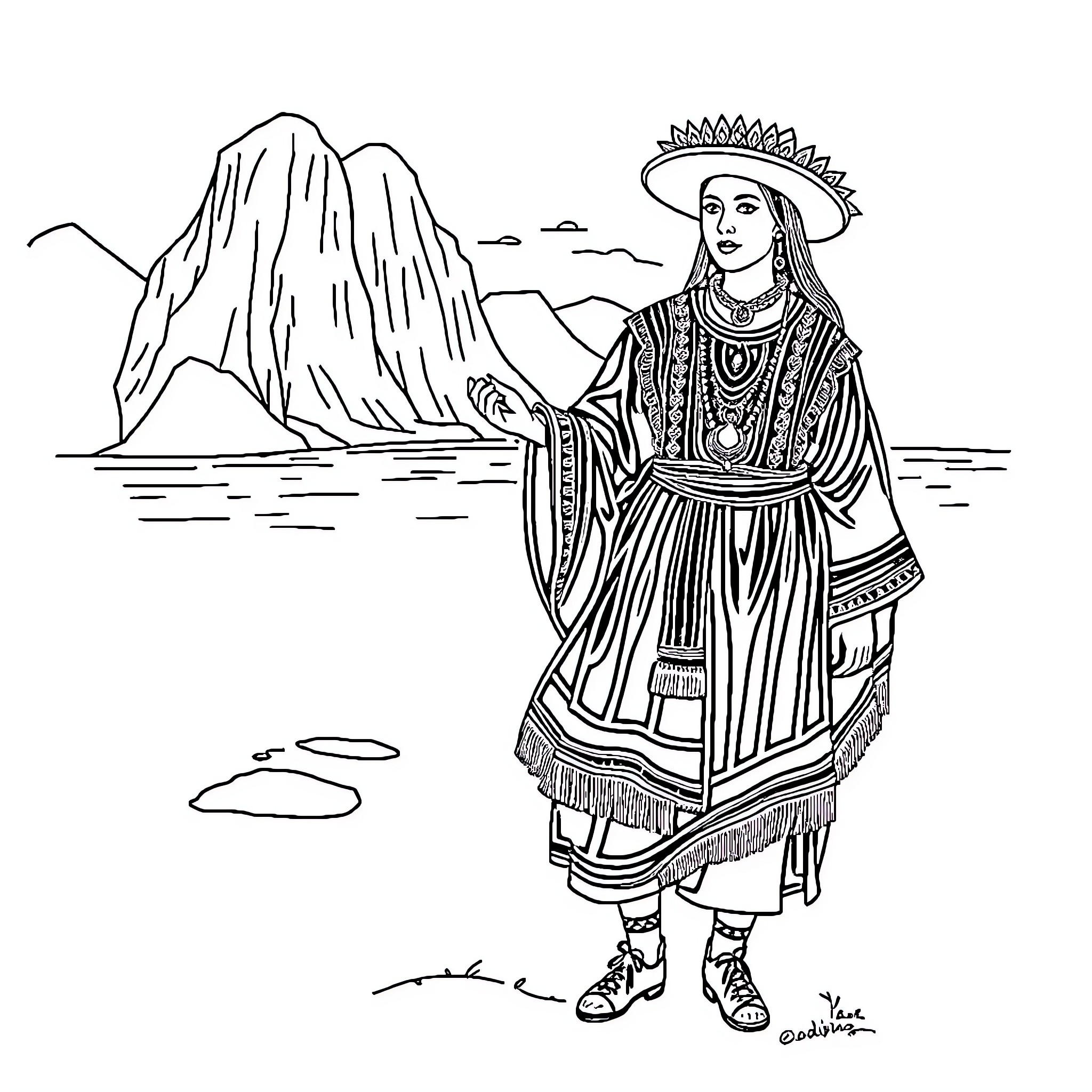 Mirenada Standing Proudly by the Mountains Coloring Page (free black-and-white line drawing printable PDF for all, from beginners to advanced learners, including children, teens, adults, and seniors)