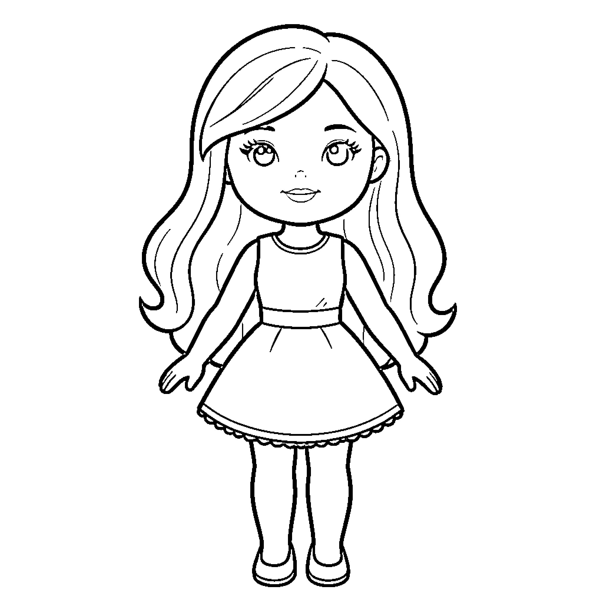 Barbie doll with long hair and simple dress Coloring Page (free black-and-white line drawing printable PDF for all, from beginners to advanced learners, including children, teens, adults, and seniors)