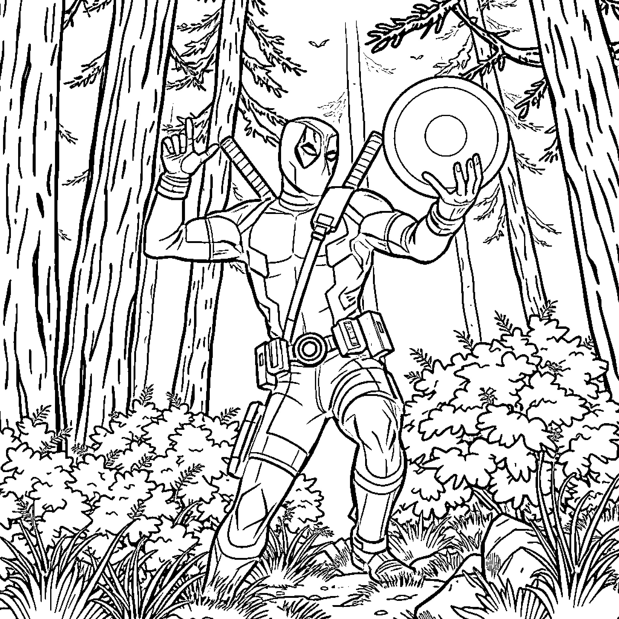 Deadpool exploring the enchanted forest Coloring Page (free black-and-white line drawing printable PDF for all, from beginners to advanced learners, including children, teens, adults, and seniors)