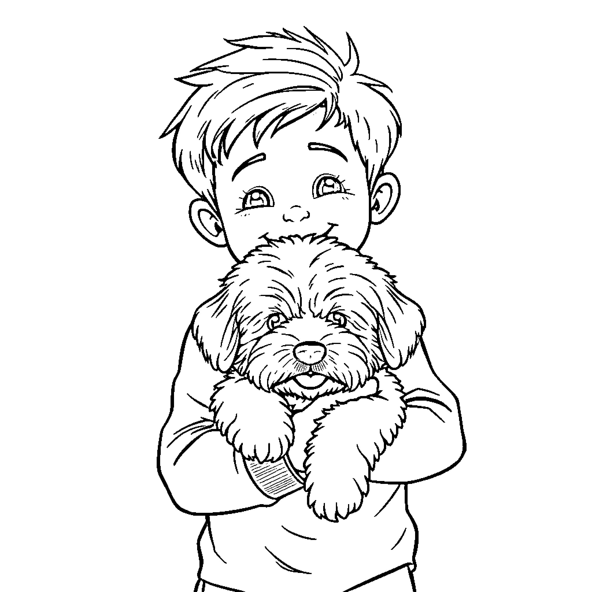 Boy lovingly holding his pet dog Coloring Page (free black-and-white line drawing printable PDF for all, from beginners to advanced learners, including children, teens, adults, and seniors)
