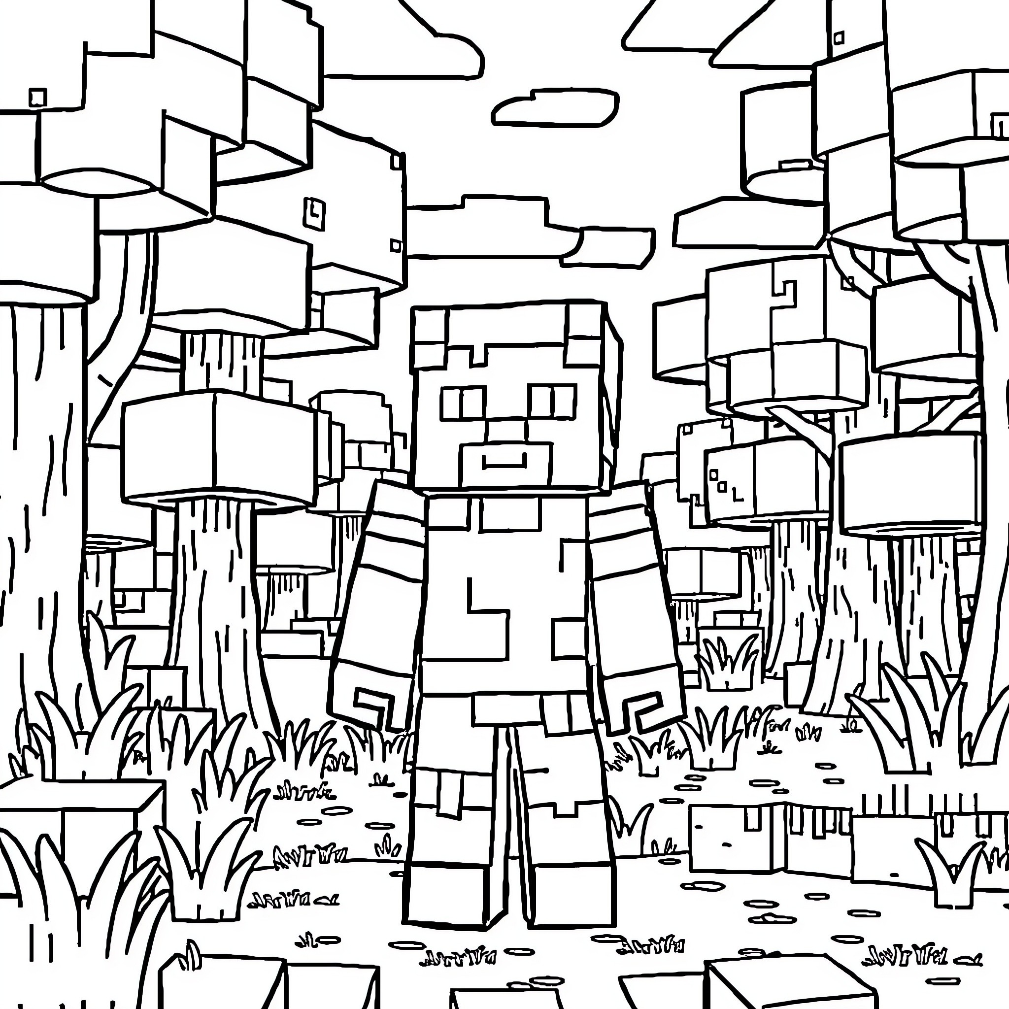 Minecraft Character Exploring a Blocky Landscape Coloring Page (free black-and-white line drawing printable PDF for all, from beginners to advanced learners, including children, teens, adults, and seniors)