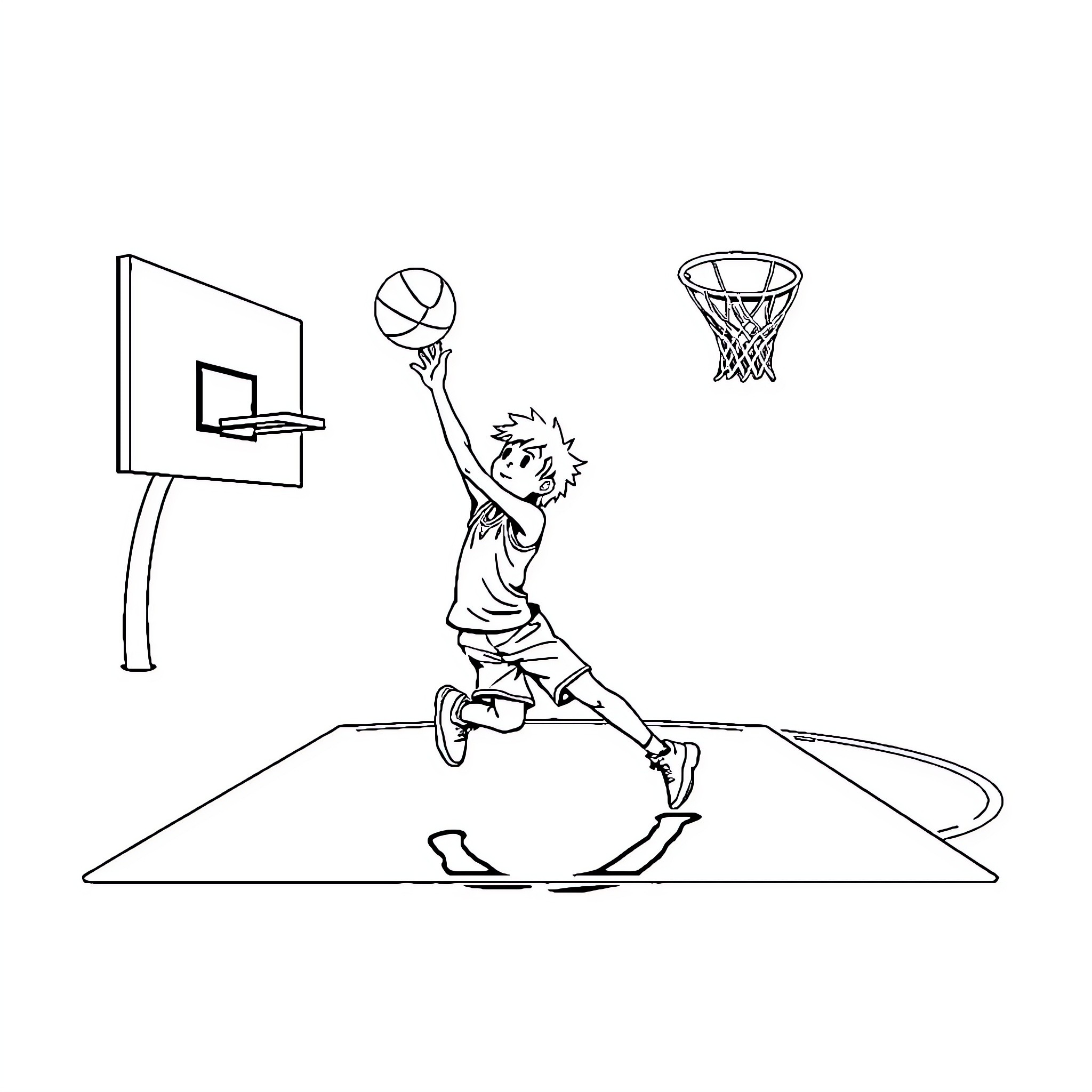 Boy shooting basketball through hoop on court Coloring Page (free black-and-white line drawing printable PDF for all, from beginners to advanced learners, including children, teens, adults, and seniors)