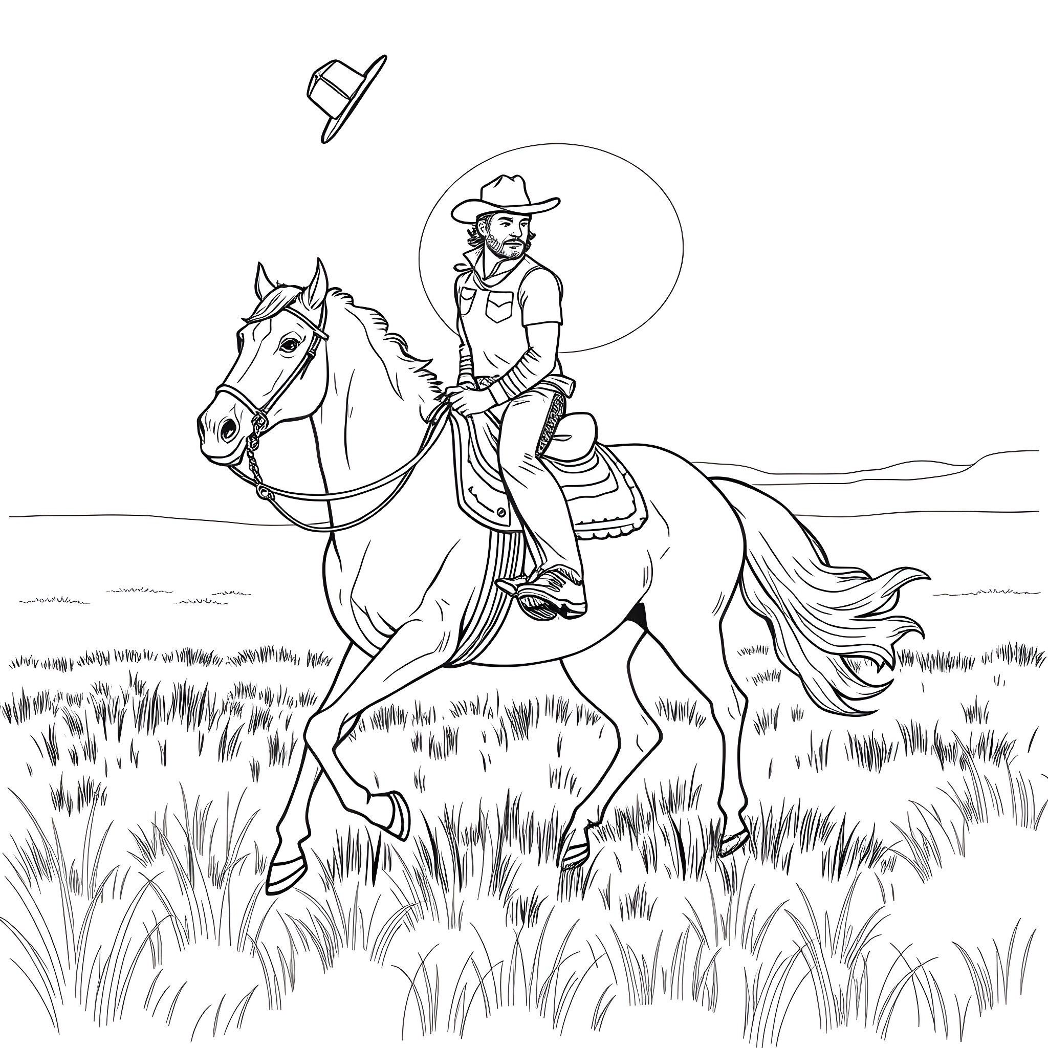 Cowboy riding a horse in the countryside Coloring Page (free black-and-white line drawing printable PDF for all, from beginners to advanced learners, including children, teens, adults, and seniors)