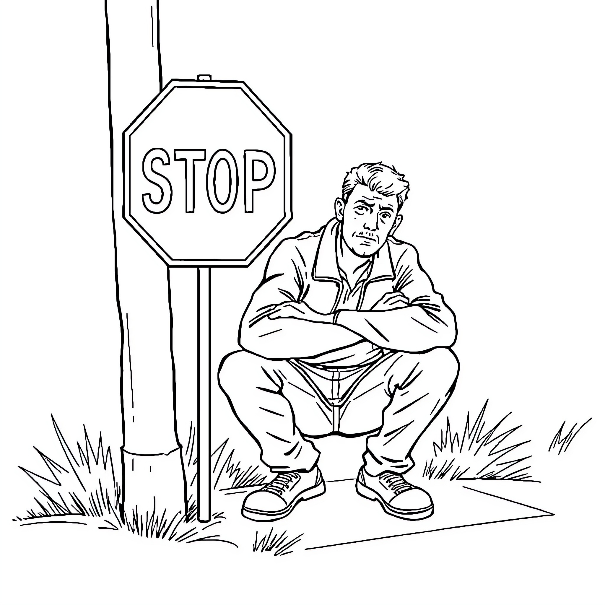 Man sitting near stop sign on the street Coloring Page (free black-and-white line drawing printable PDF for all, from beginners to advanced learners, including children, teens, adults, and seniors)
