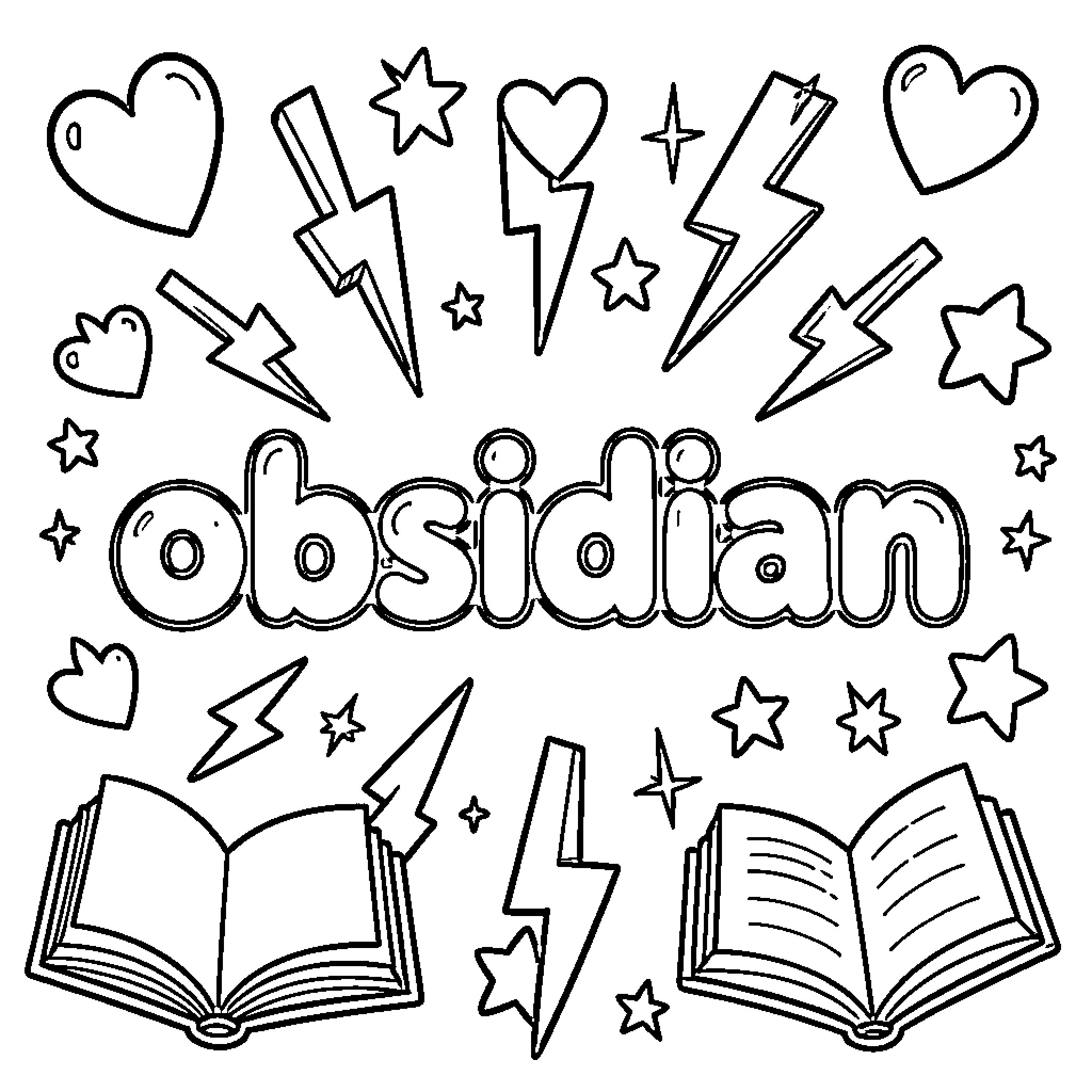 Obsidian: Doodles of Stars, Lightning, and Books Coloring Page (free black-and-white line drawing printable PDF for all, from beginners to advanced learners, including children, teens, adults, and seniors)