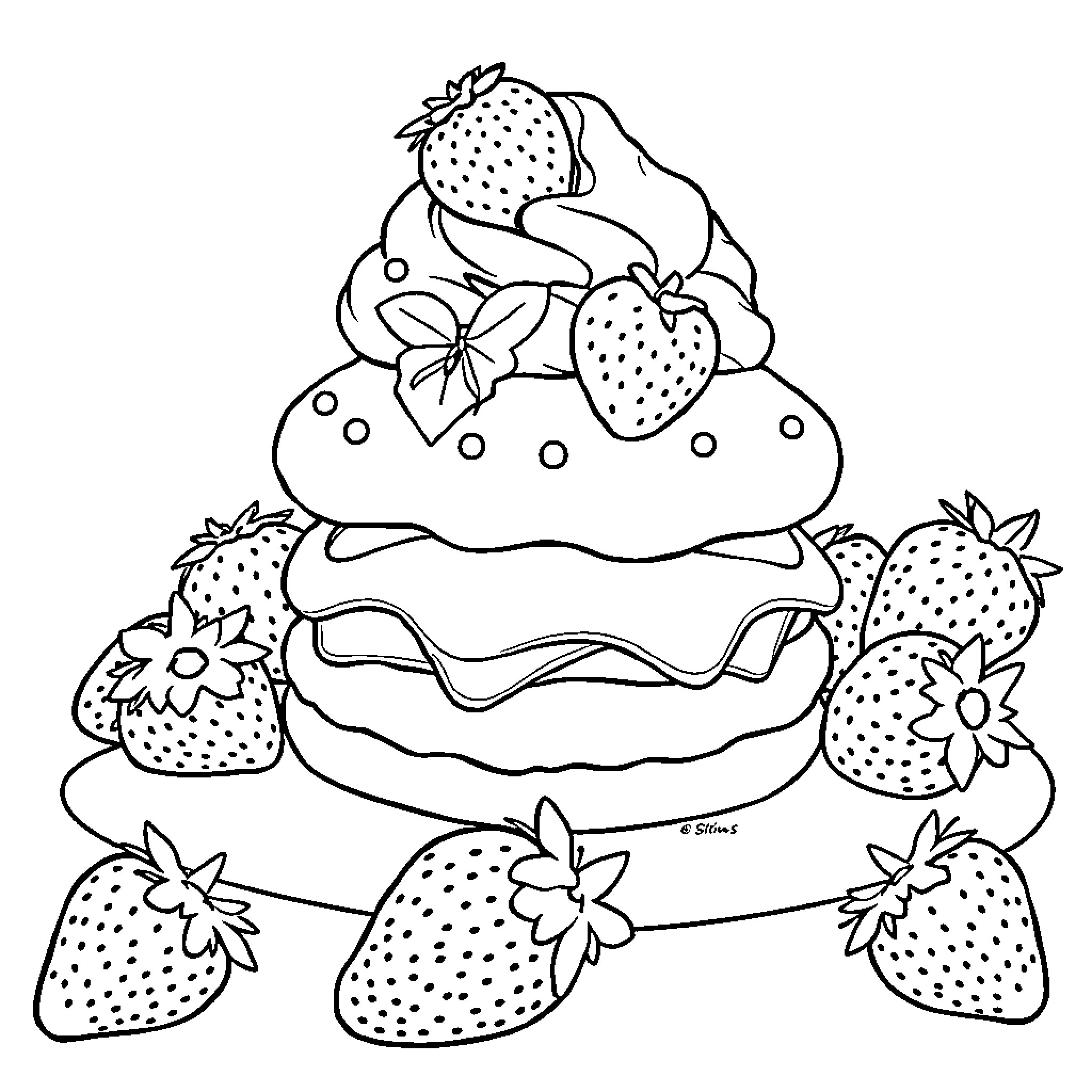 Strawberry dessert with whipped cream and flowers Coloring Page (free black-and-white line drawing printable PDF for all, from beginners to advanced learners, including children, teens, adults, and seniors)