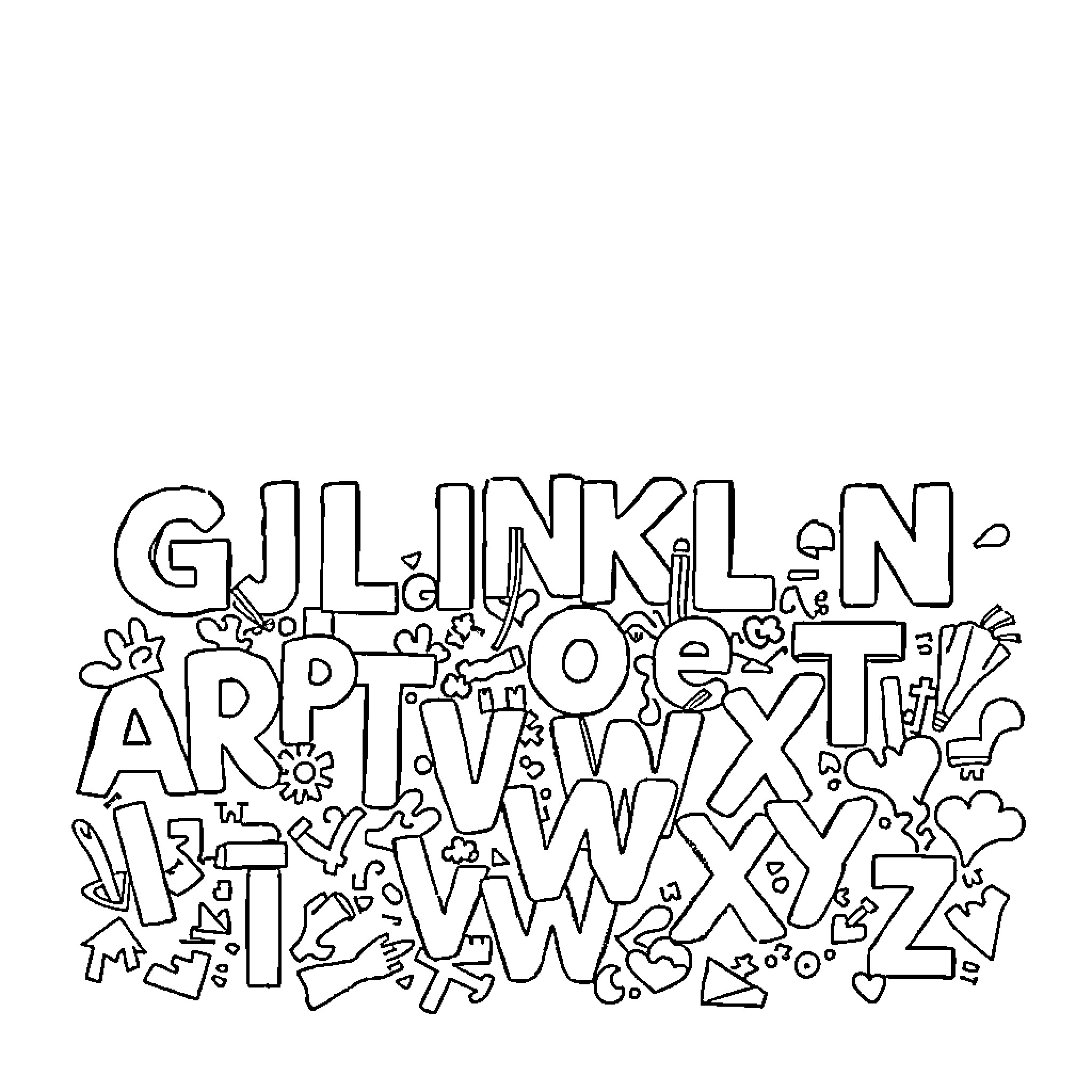 Alphabet artwork depicting playful doodles Coloring Page (free black-and-white line drawing printable PDF for all, from beginners to advanced learners, including children, teens, adults, and seniors)