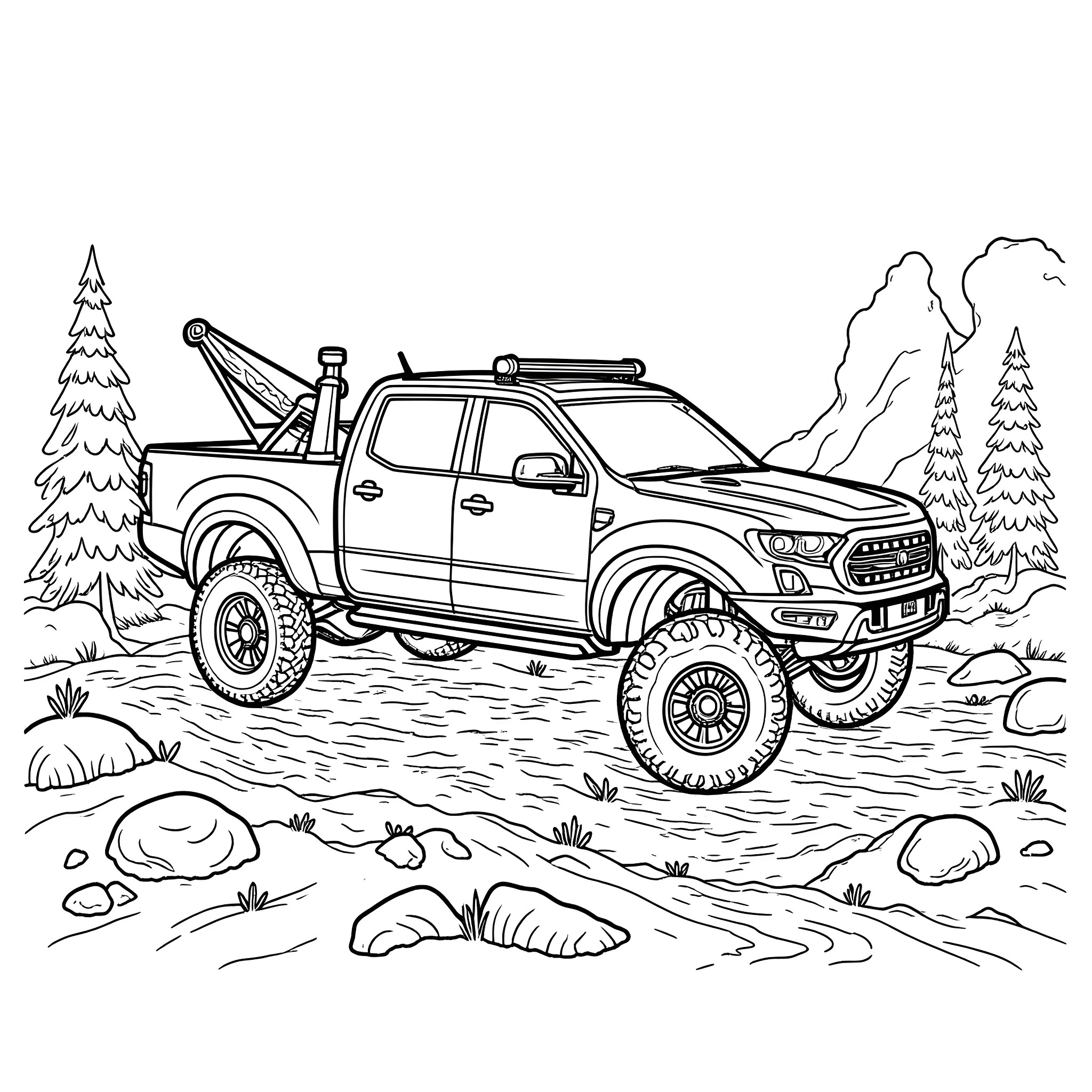 Wrecker truck navigating through rugged terrain Coloring Page (free black-and-white line drawing printable PDF for all, from beginners to advanced learners, including children, teens, adults, and seniors)