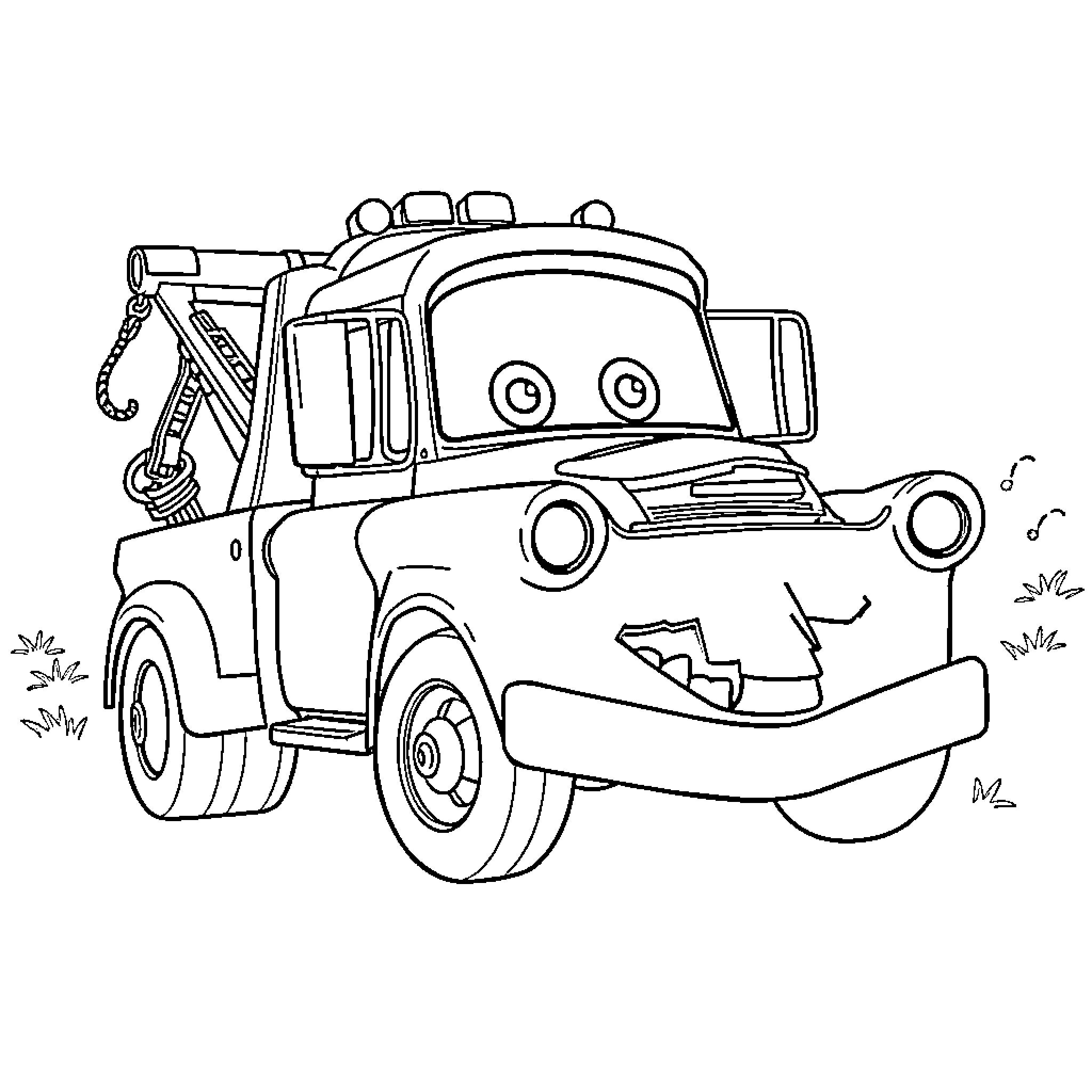 Tow Mater assisting with a breakdown Coloring Page (free black-and-white line drawing printable PDF for all, from beginners to advanced learners, including children, teens, adults, and seniors)