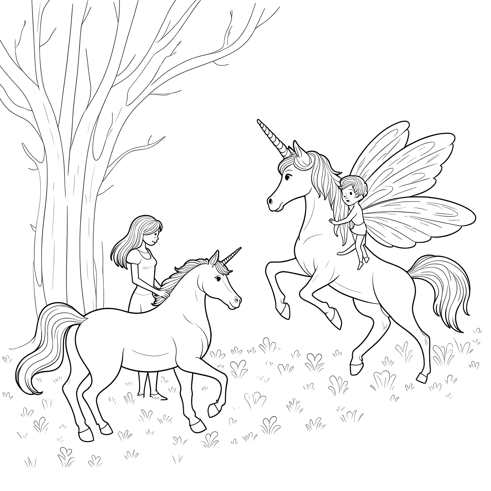 Fairy girls exploring the magical forest with unicorn and fairy Coloring Page (free black-and-white line drawing printable PDF for all, from beginners to advanced learners, including children, teens, adults, and seniors)