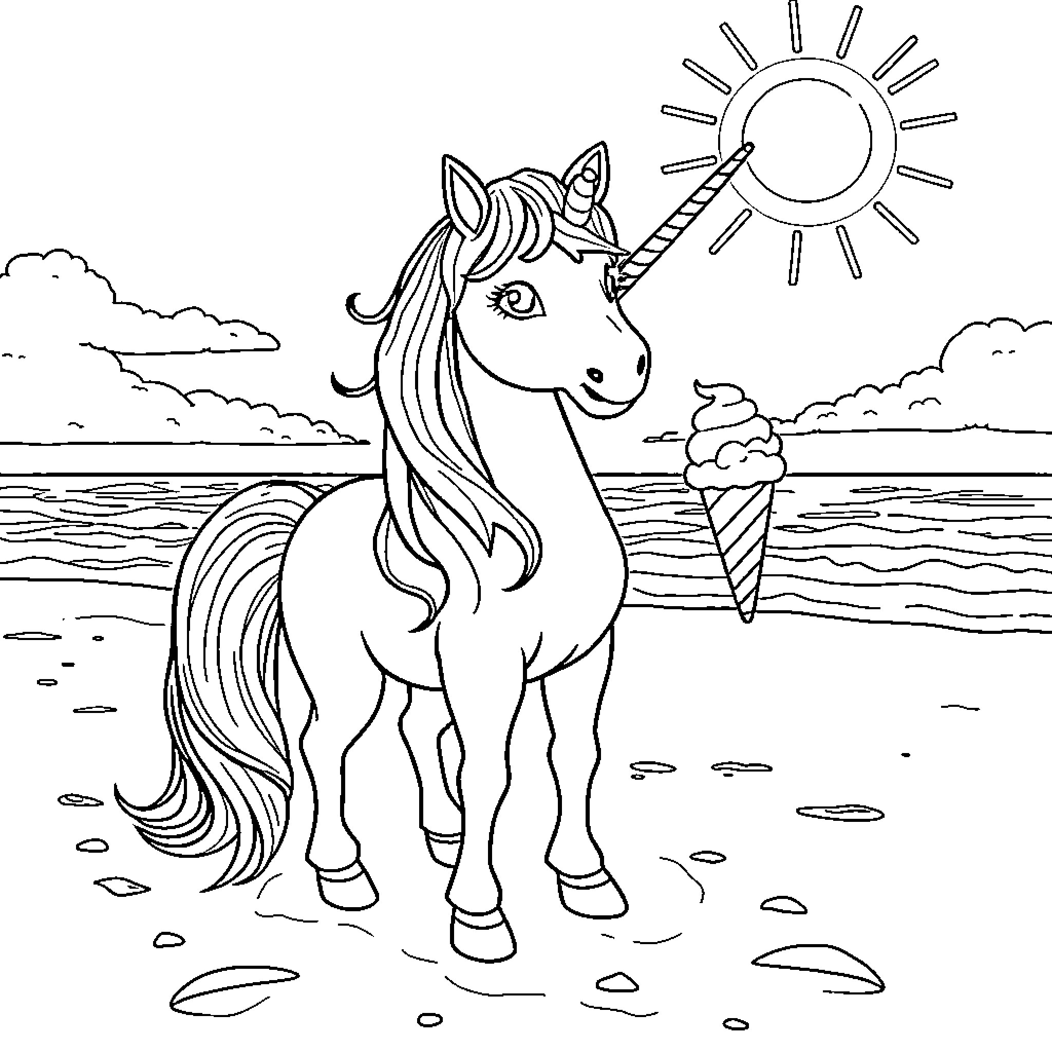 Unicorn by the beach enjoying a sunny day Coloring Page (free black-and-white line drawing printable PDF for all, from beginners to advanced learners, including children, teens, adults, and seniors)