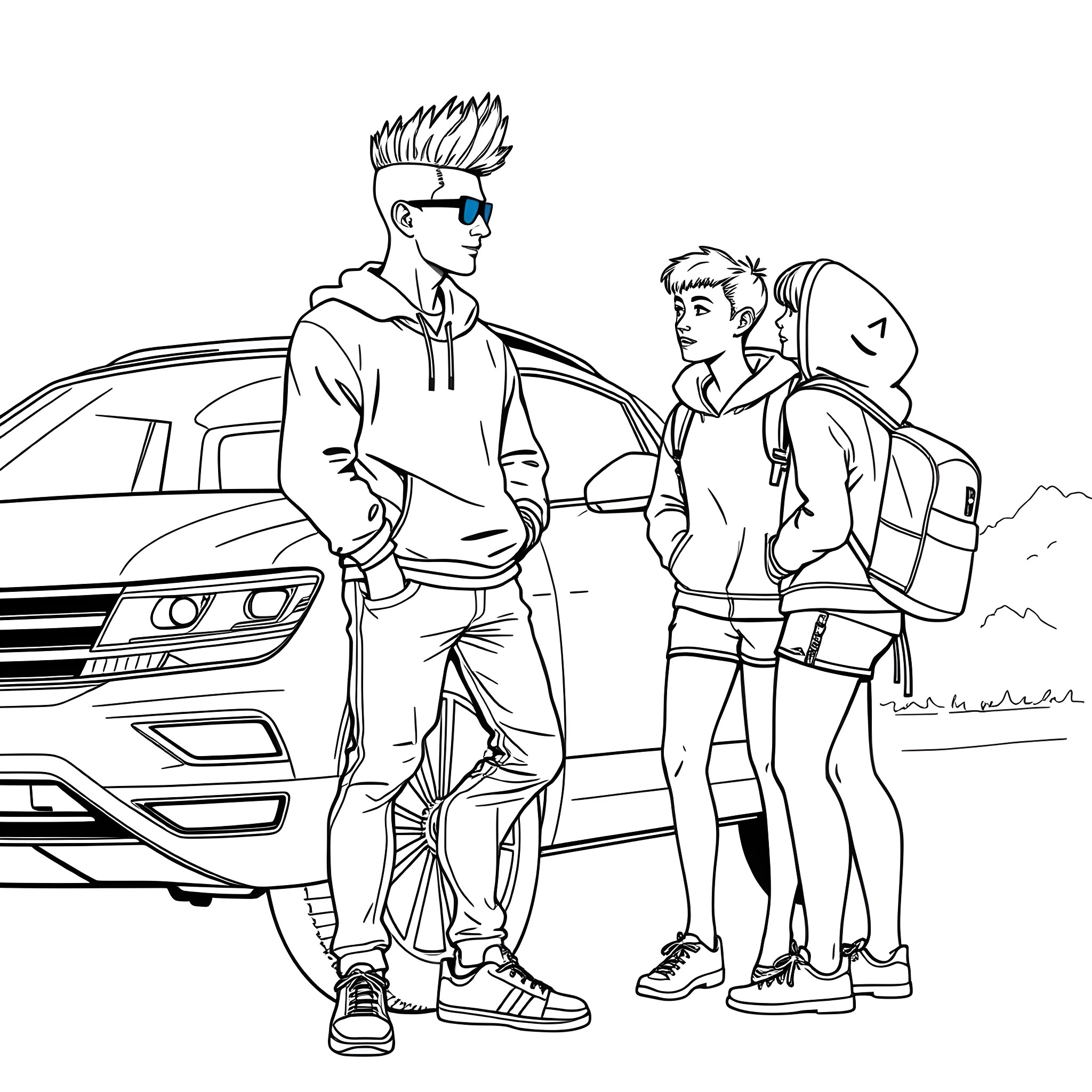 Teen Guy Hanging Out With Friends Near Car Coloring Page (free black-and-white line drawing printable PDF for all, from beginners to advanced learners, including children, teens, adults, and seniors)