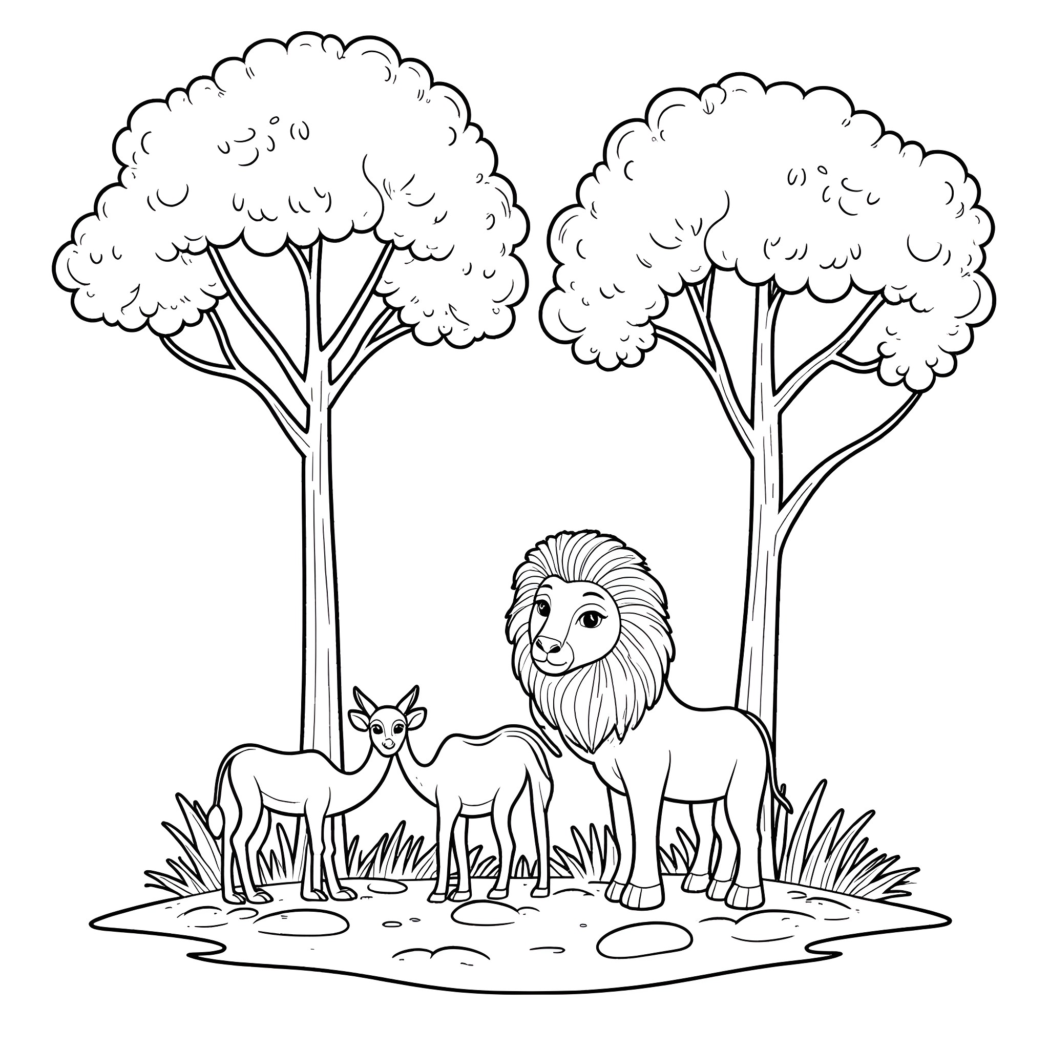 Rainforest Animals in the Wild Coloring Page (free black-and-white line drawing printable PDF for all, from beginners to advanced learners, including children, teens, adults, and seniors)