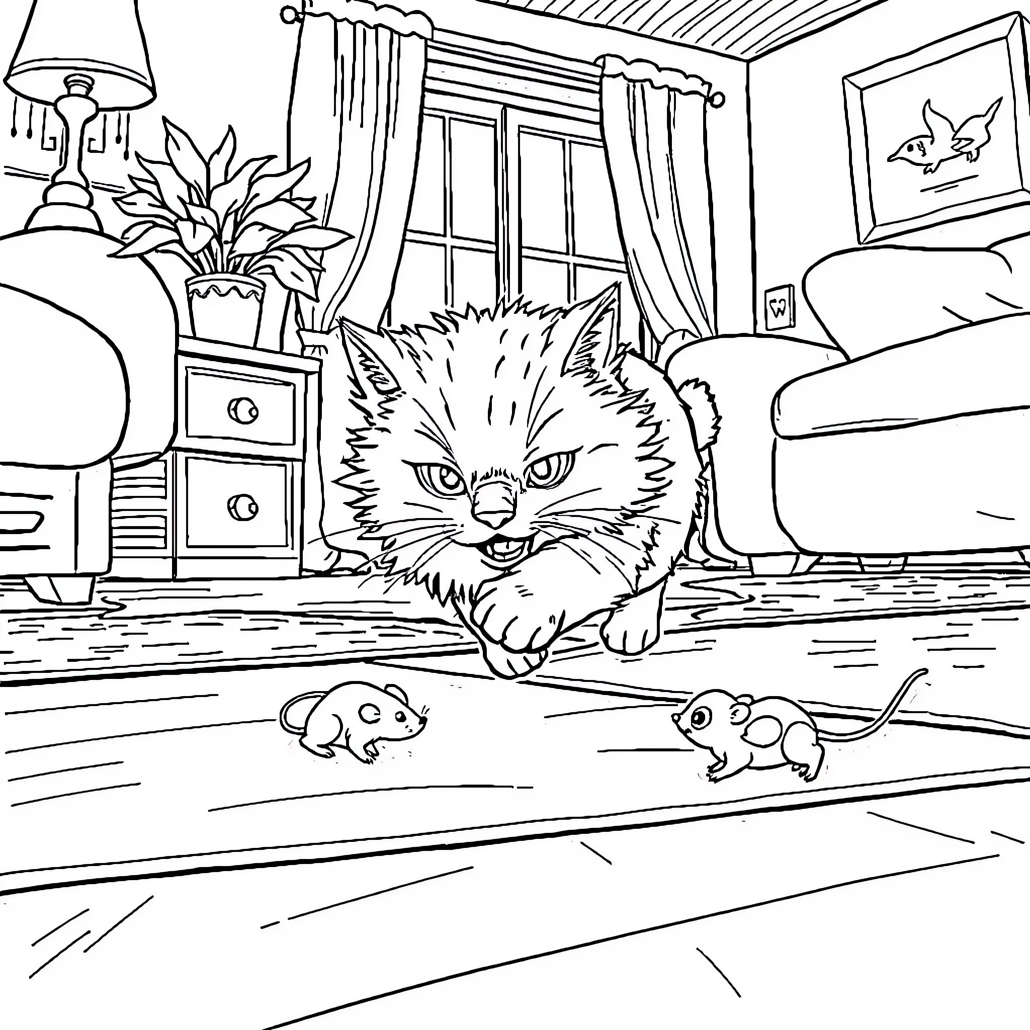 Cat playing with toys in cozy indoor setting Coloring Page (free black-and-white line drawing printable PDF for all, from beginners to advanced learners, including children, teens, adults, and seniors)