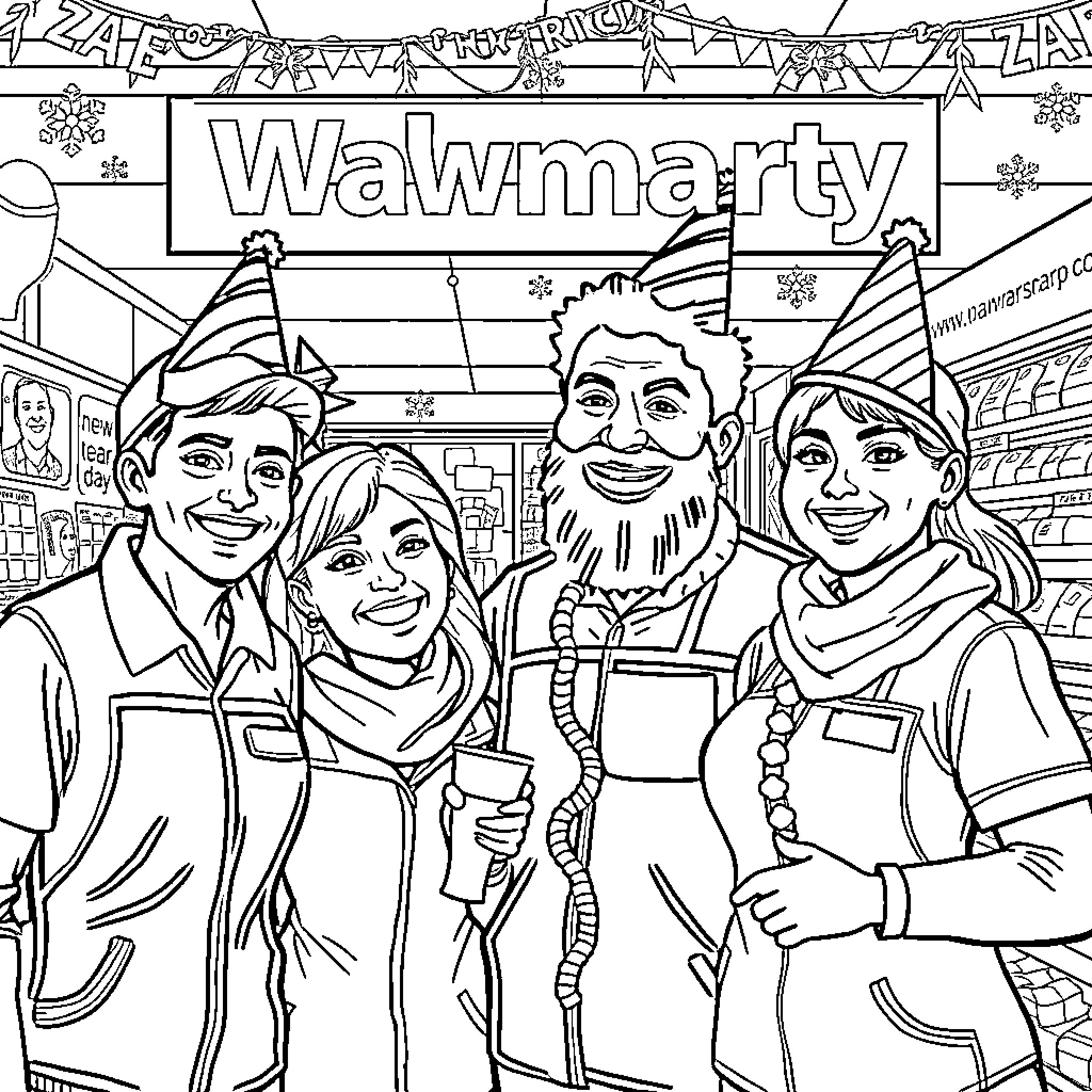 Walmart Employees Celebrating at Work Coloring Page (free black-and-white line drawing printable PDF for all, from beginners to advanced learners, including children, teens, adults, and seniors)