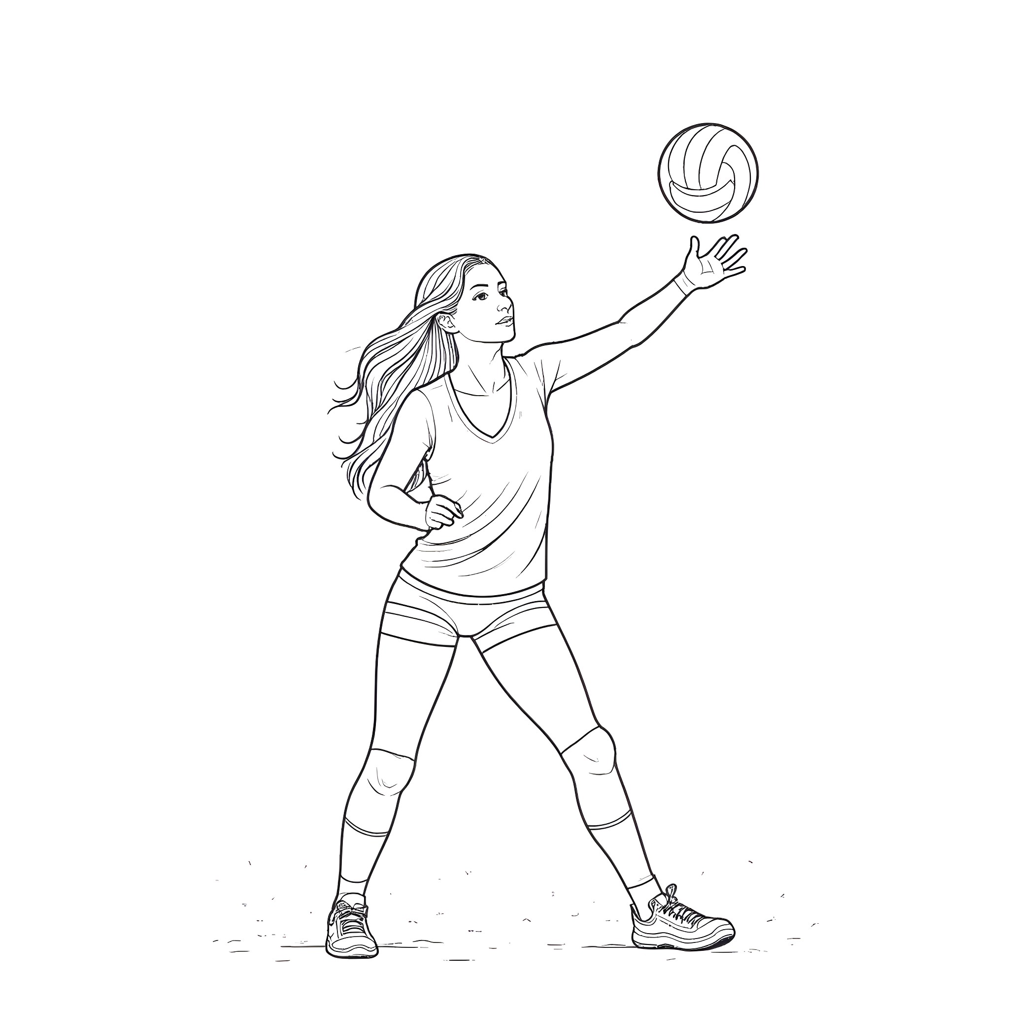 Mona Lisa playing volleyball Coloring Page (free black-and-white line drawing printable PDF for all, from beginners to advanced learners, including children, teens, adults, and seniors)