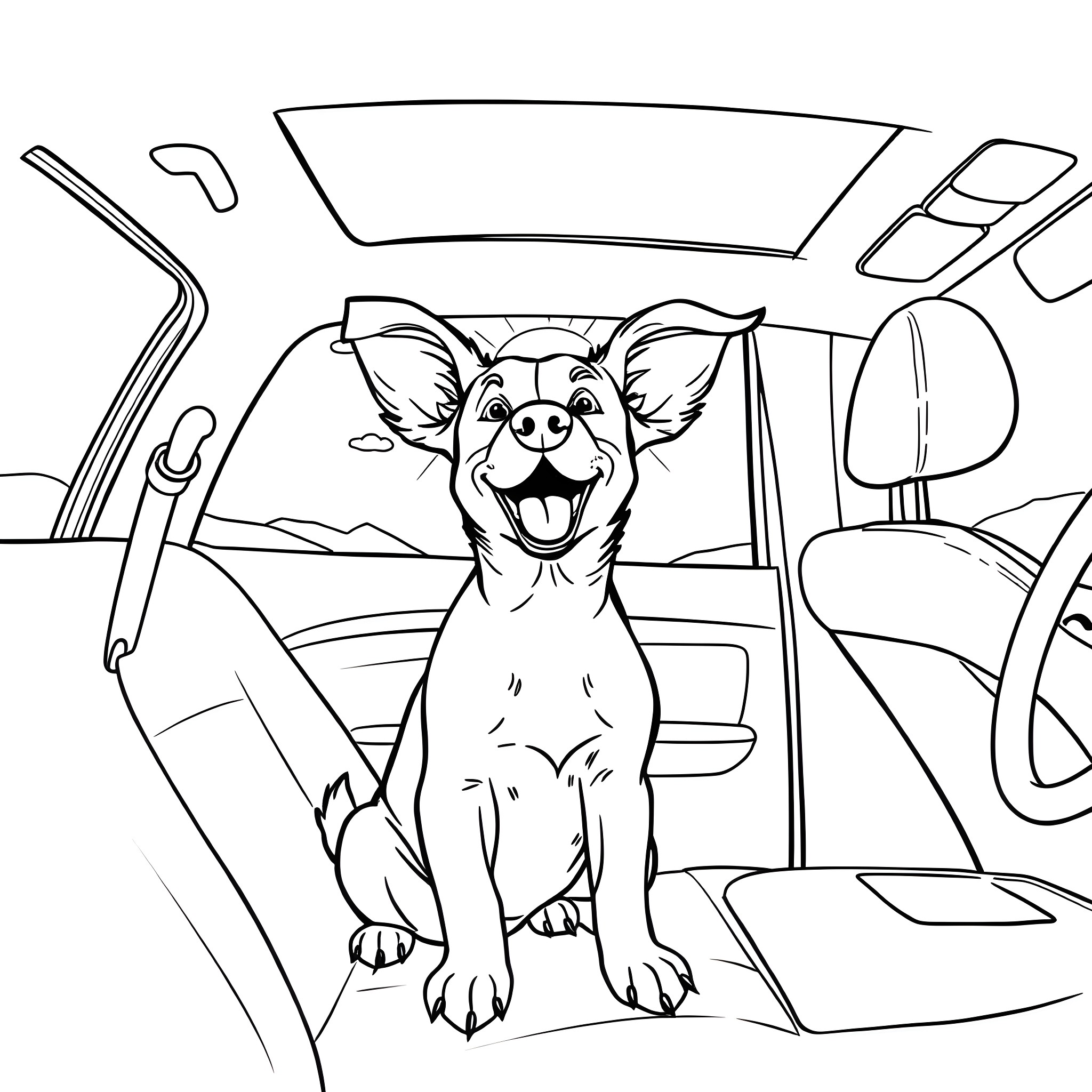 Dog Happily Sitting in a Car Coloring Page (free black-and-white line drawing printable PDF for all, from beginners to advanced learners, including children, teens, adults, and seniors)