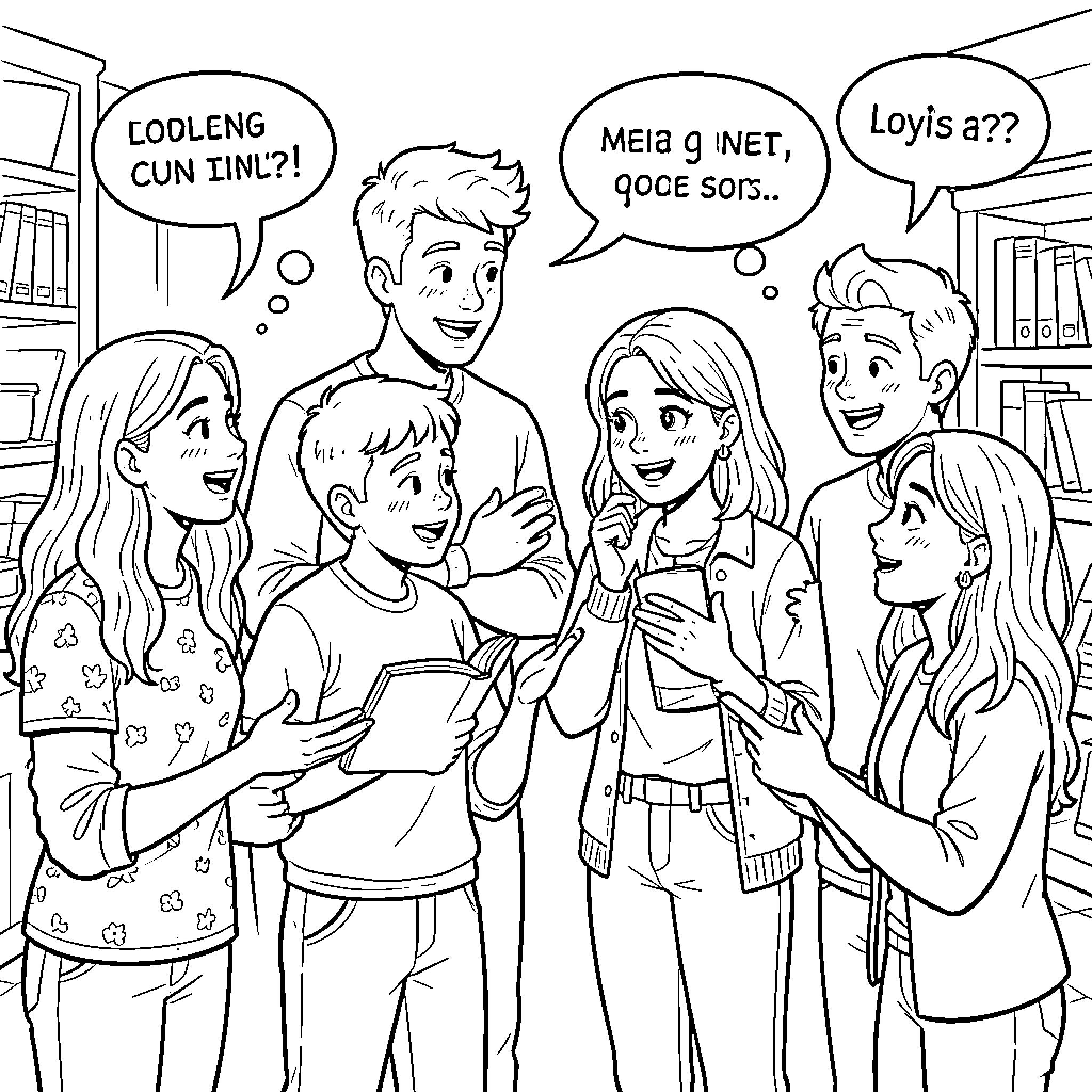 Curiosity among friends discussing stories in a library Coloring Page (free black-and-white line drawing printable PDF for all, from beginners to advanced learners, including children, teens, adults, and seniors)