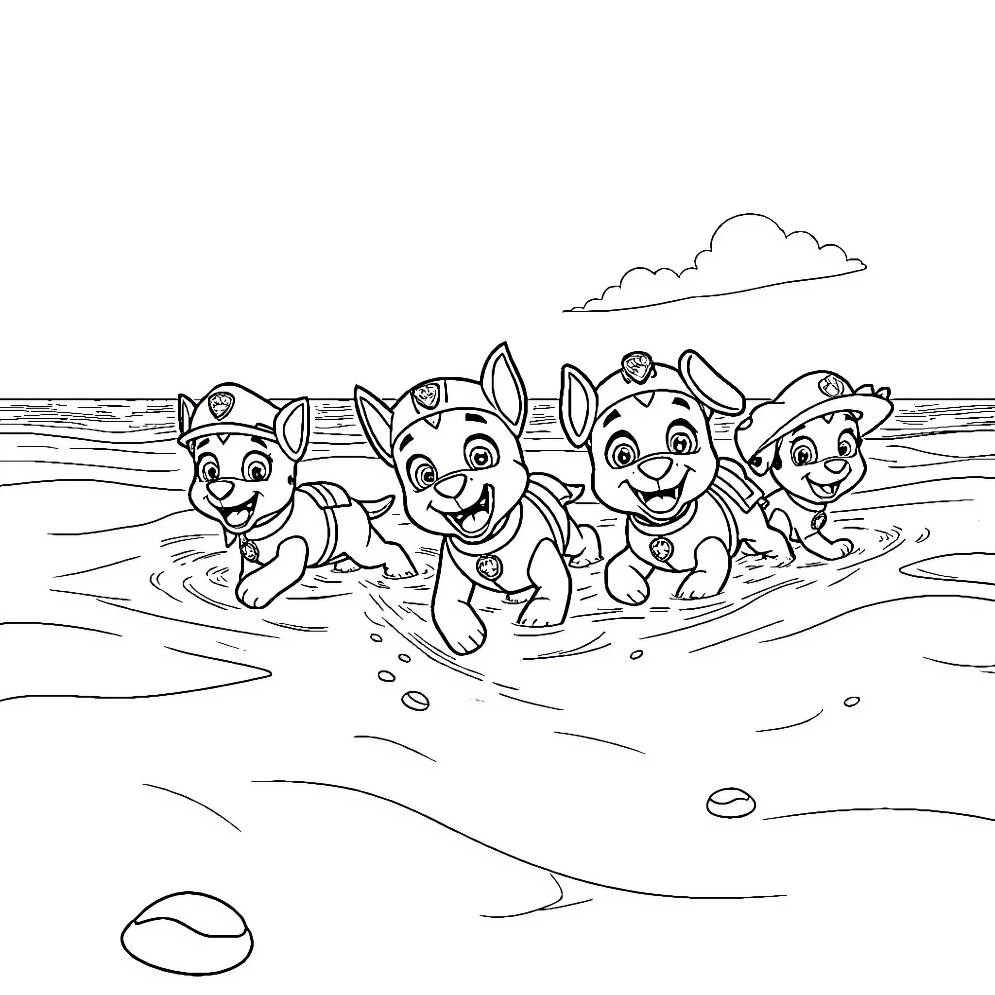 Paw Patrol Puppies Playing in the Water Coloring Page (free black-and-white line drawing printable PDF for all, from beginners to advanced learners, including children, teens, adults, and seniors)