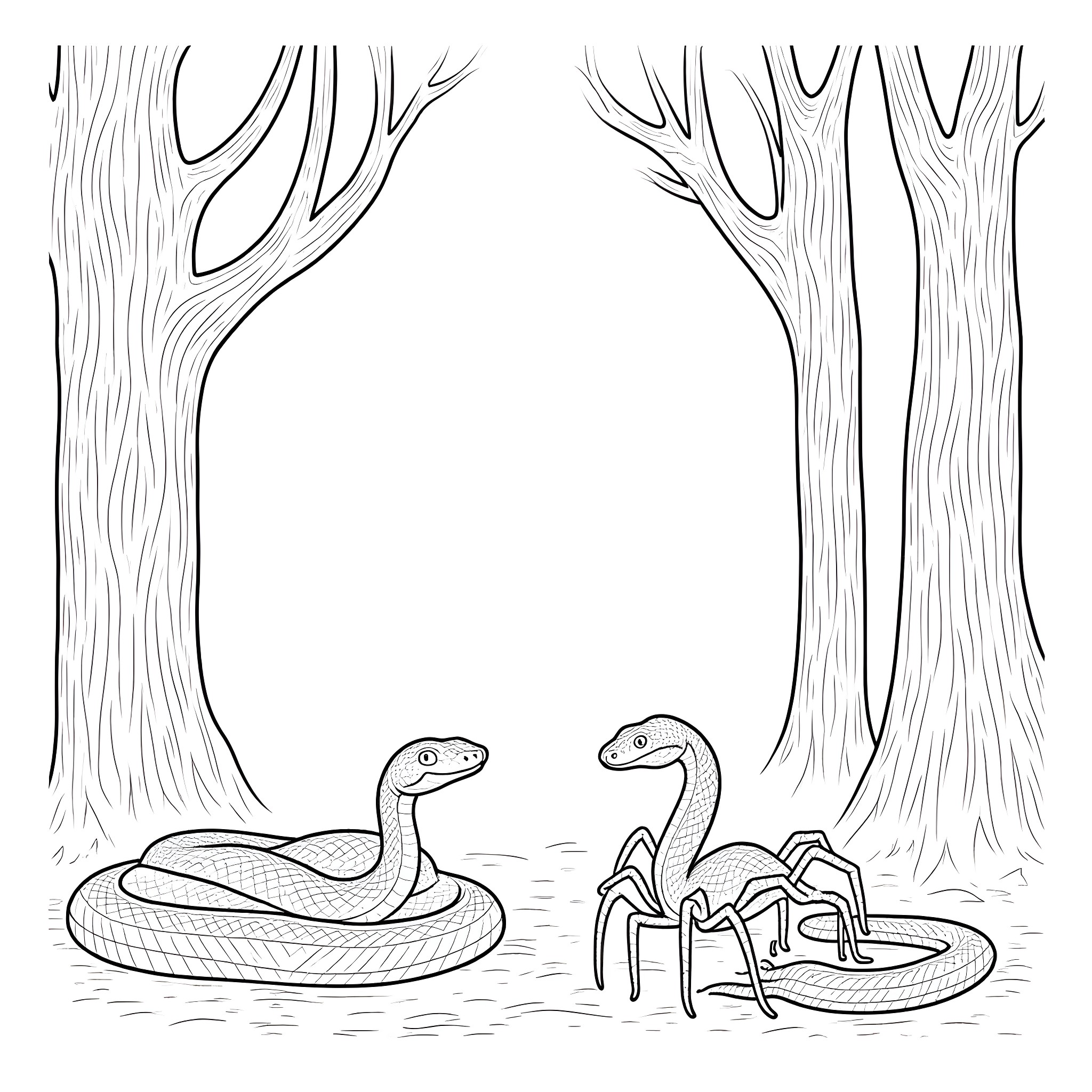 Snake Friends in the Enchanted Forest Coloring Page (free black-and-white line drawing printable PDF for all, from beginners to advanced learners, including children, teens, adults, and seniors)