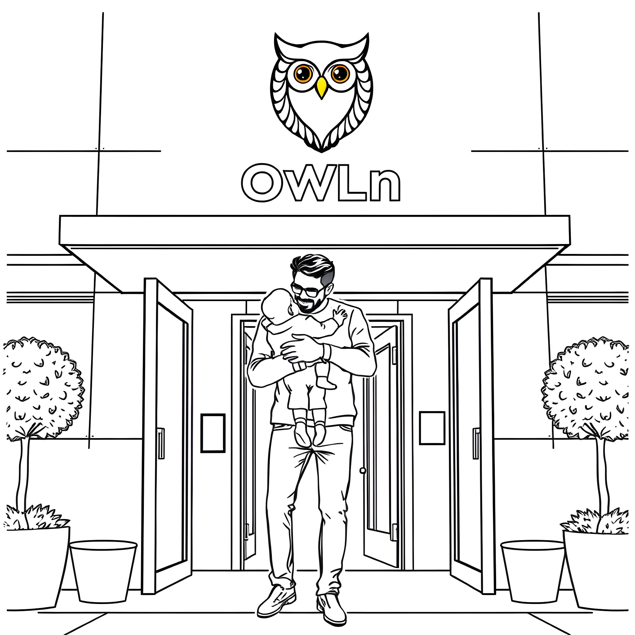Man standing outside a building with an owl logo Coloring Page (free black-and-white line drawing printable PDF for all, from beginners to advanced learners, including children, teens, adults, and seniors)