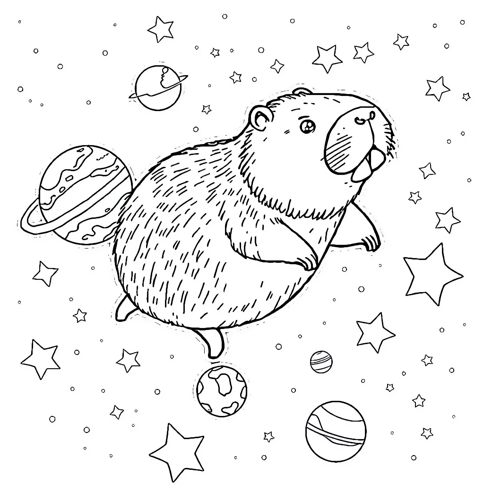 Capybara exploring the cosmos Coloring Page (free black-and-white line drawing printable PDF for all, from beginners to advanced learners, including children, teens, adults, and seniors)