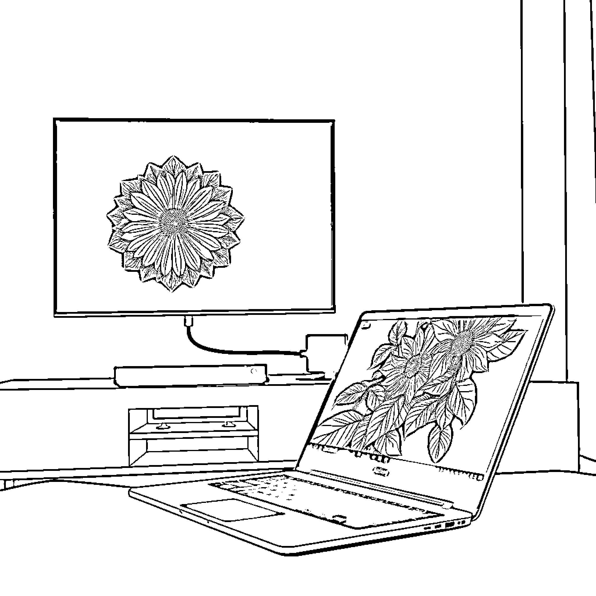 Chromebook displaying floral design on screen Coloring Page (free black-and-white line drawing printable PDF for all, from beginners to advanced learners, including children, teens, adults, and seniors)